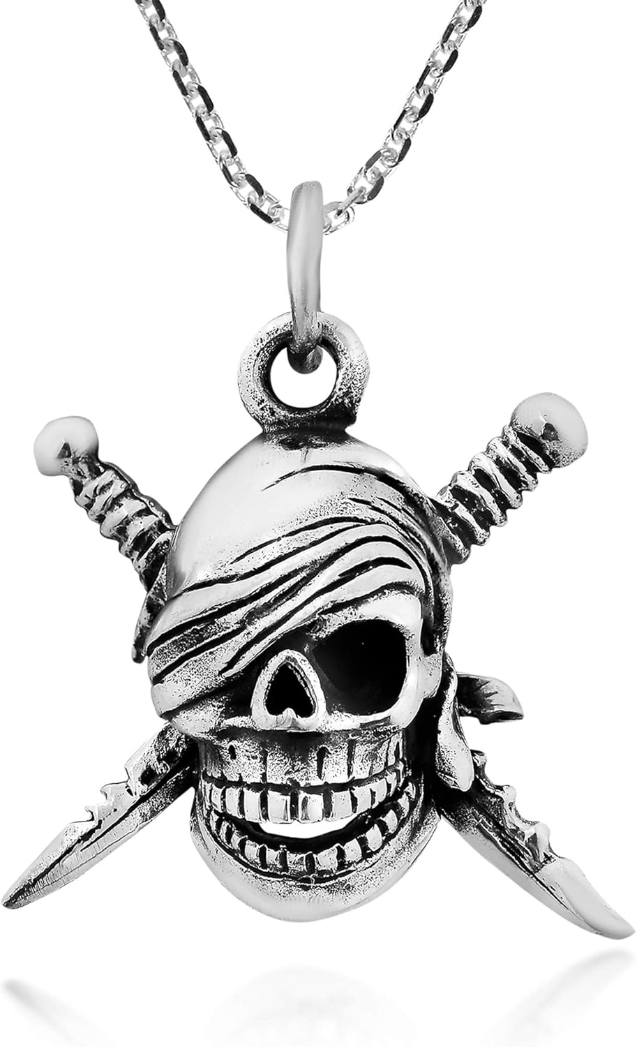 AeraVida 925 Sterling Silver Pirate Skull & Crossed Swords Pendant Necklace – Oxidized Power Symbol Jewelry for Men & Women | Punk, Biker & Gothic Statement