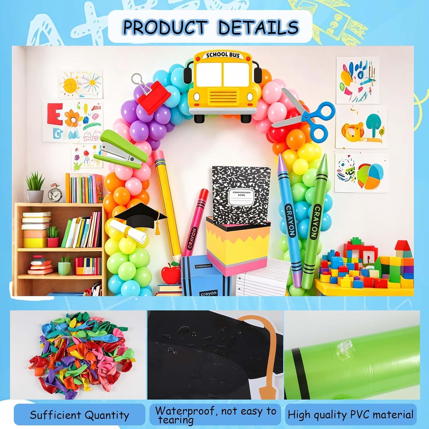 115Pcs Back to School Party Decorations, 4 Balloon Box, 4 Large Inflatable Pencil Crayon Balloons, 7 School Themed Cards, 100 Latex Balloons for Graduate First Day of School Classroom Party Decor