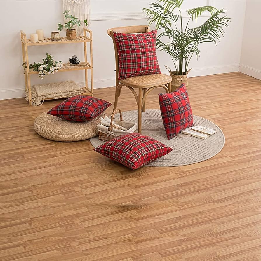 Set Di 2 Federe Per Cuscini Quadri Scozzesi, 45x45 Cm, Rosso Tartan, In Misto Cotone, Per Divano E Letto