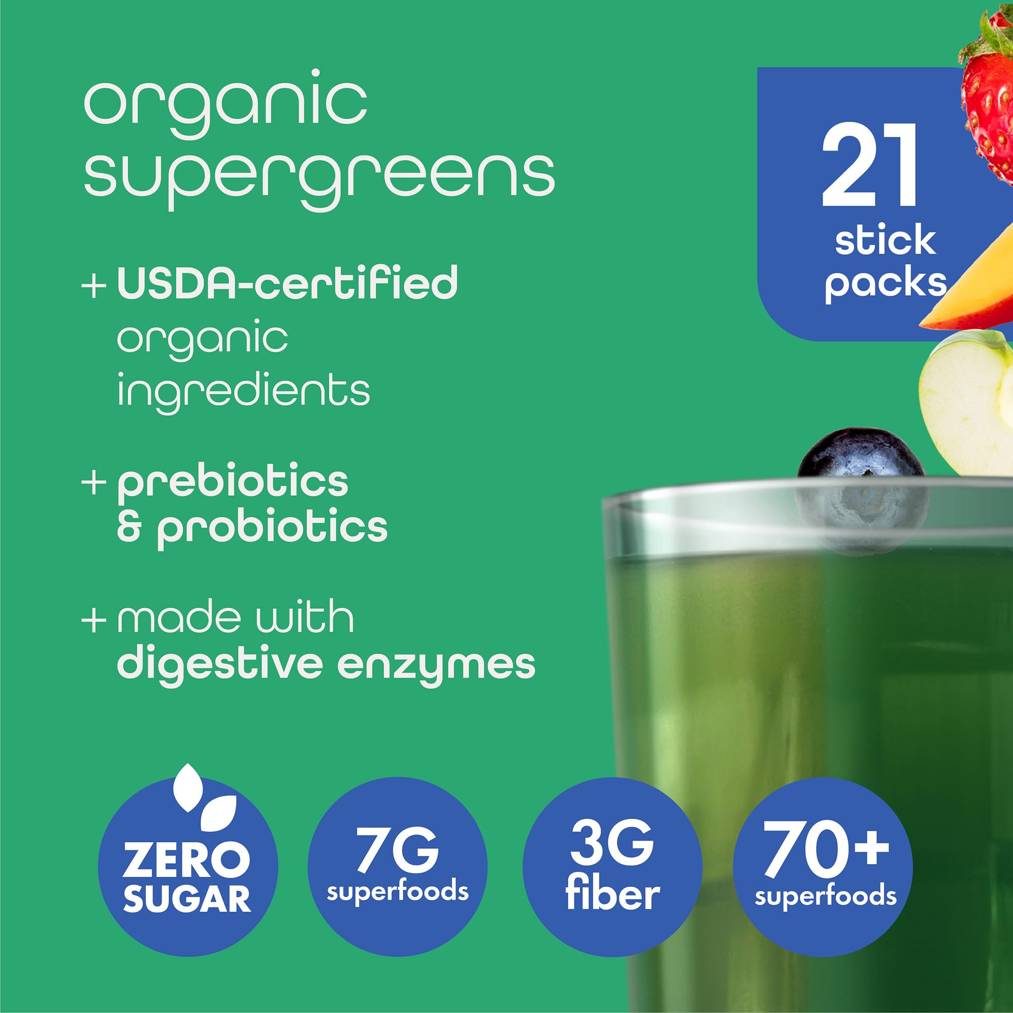 Zena Nutrition Organic Super Greens Powder Variety Pack, 70+ Superfoods, 0 Sugar, 3G Fiber, Spirulina, Chlorella, Antioxidants, Prebiotics/Probiotics, Digestive Enzymes, 21 Drink Mix Packets​