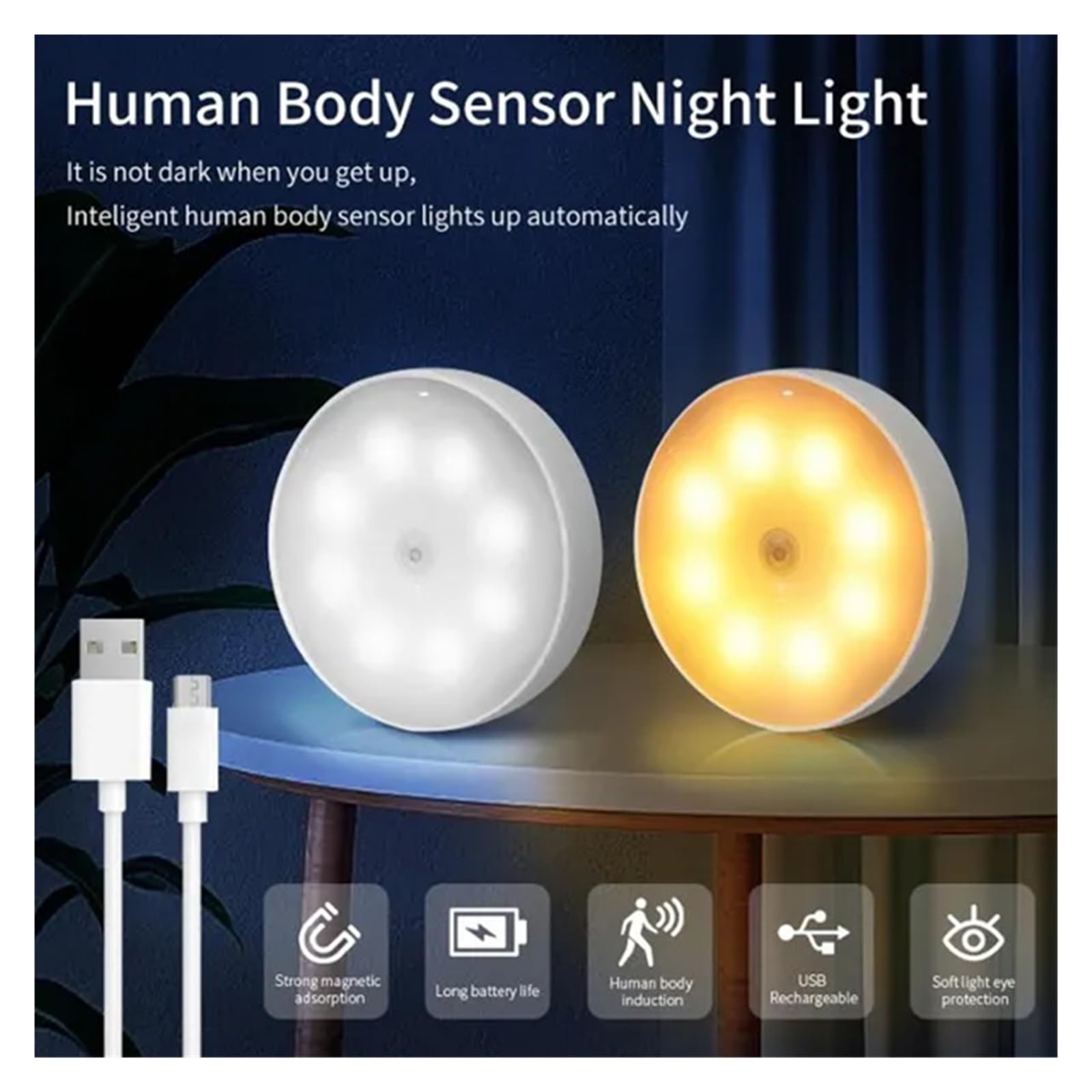 Lampka Nocna LED Z Czujnikiem Ruchu PIR Ładowana Przez USB Do Szafki Kuchennej Lampa Na Szafę Schody Bezprzewodowe Oświetlenie Szafy Czujnik Ruchu(4Pcs,Warm White)