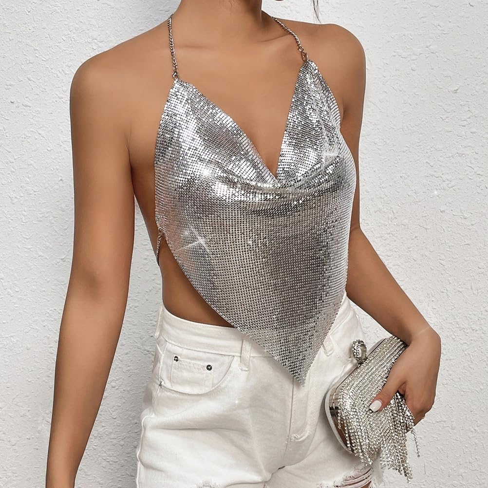 Top Da Donna Sexy Con Schiena Scoperta, Catena Metallica, Paillettes Scintillanti E Collo Halter, Abbigliamento Da Club