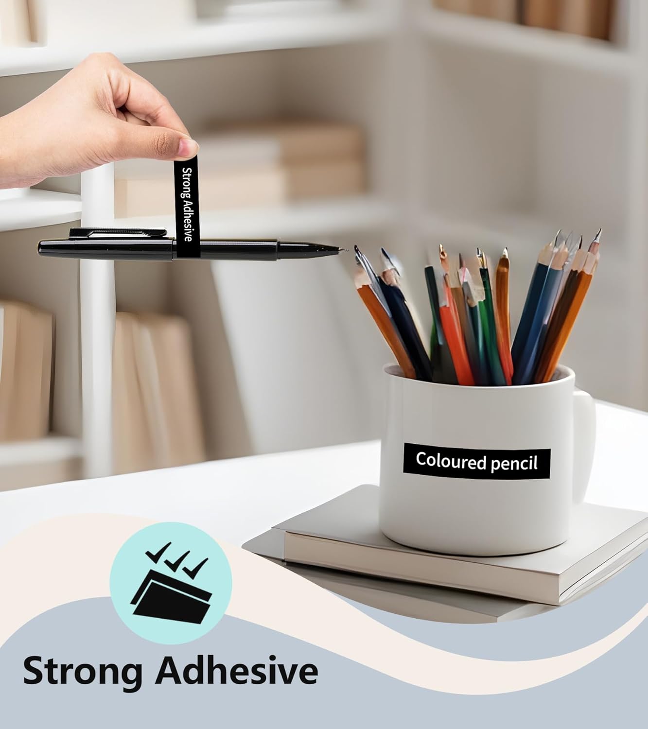 Label applied to a mug, demonstrating strong adhesive