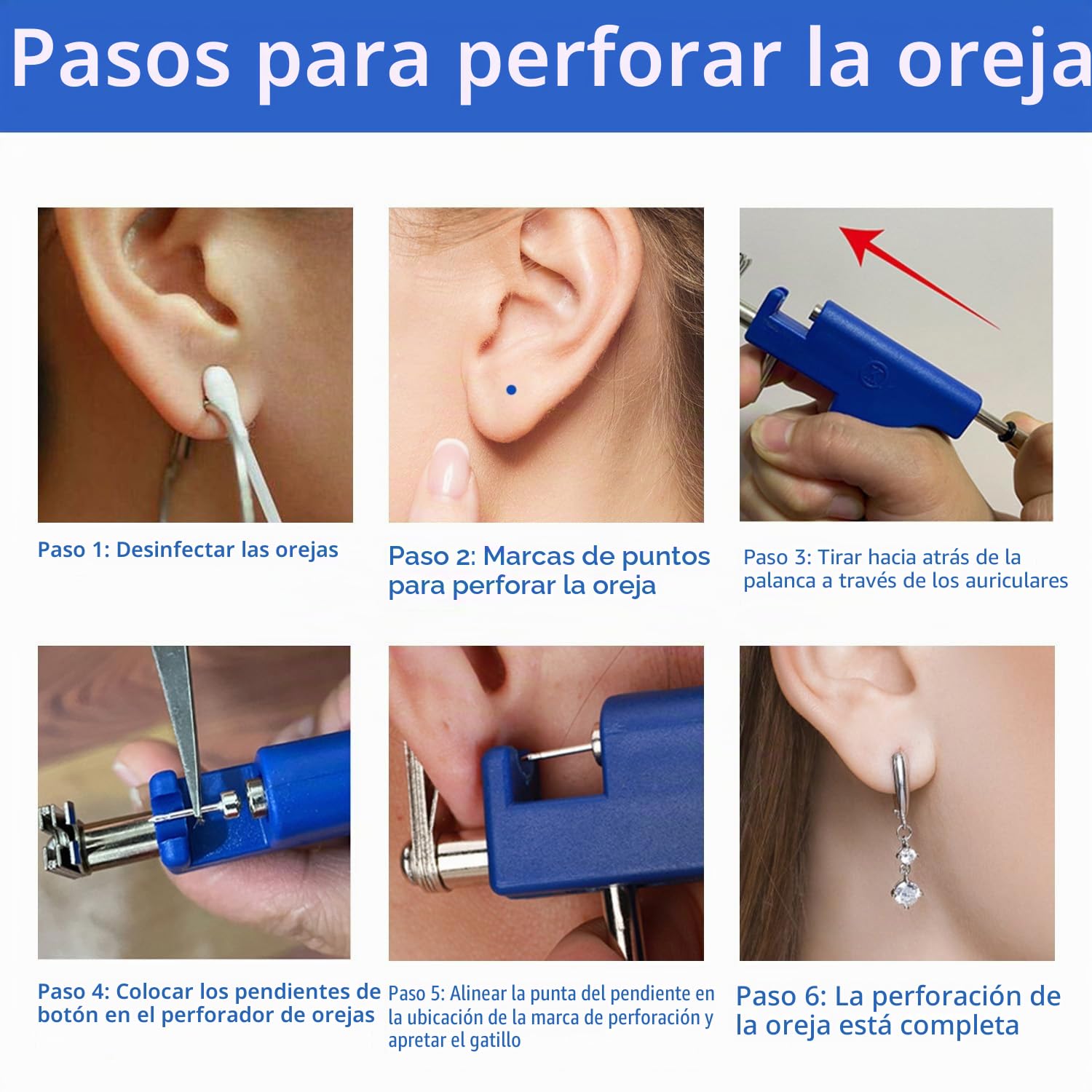 Juego de piercings para orejas de 200 piezas con 12 pares de aretes coloridos, pistola para perforar orejas, herramienta adecuada para uso doméstico, 11cm
