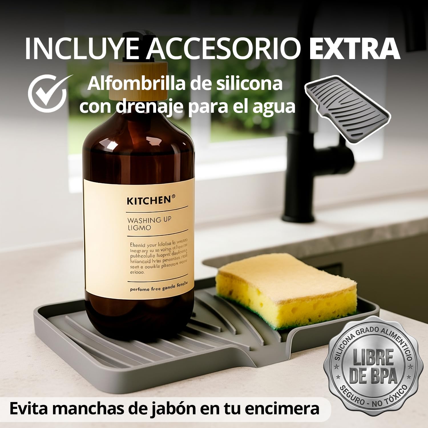 Escurreplatos sobre Fregadero + Soporte Estropajo, Escurridor de Platos y Verduras para Fregadero Plegable y Enrollable (43x35cm), Acero Inoxidable SUS 304 y Silicona, Base Resistente al Calor