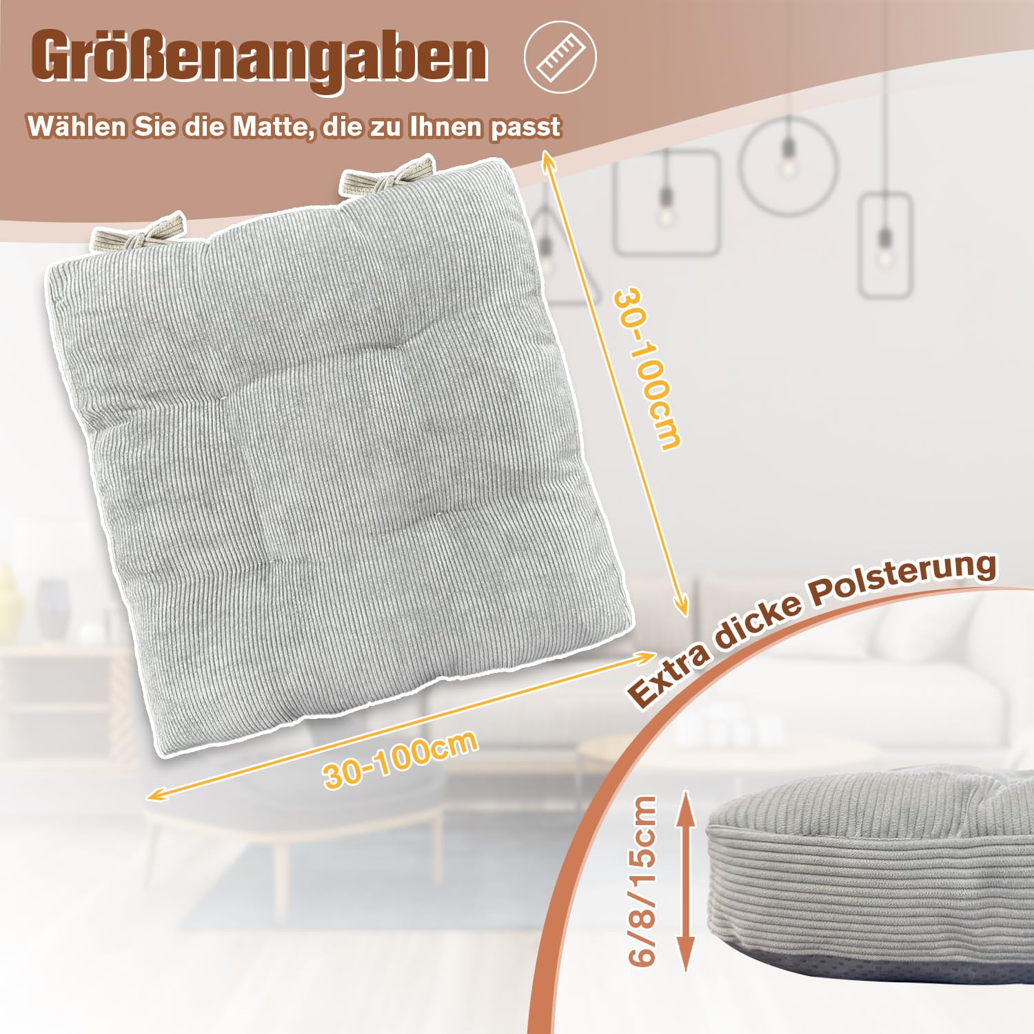 Cozy - Confezione da 2 cuscini quadrati per sedia, 80 x 80 x 6 cm, morbidi cuscini in corda marrone chiaro, con laccetti, per giardino, cucina, sala da pranzo, comodi cuscini imbottiti
