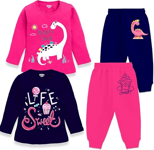 Berry Joy Kids Girls Tshirt and Pyjama Combo Set Pack of 2