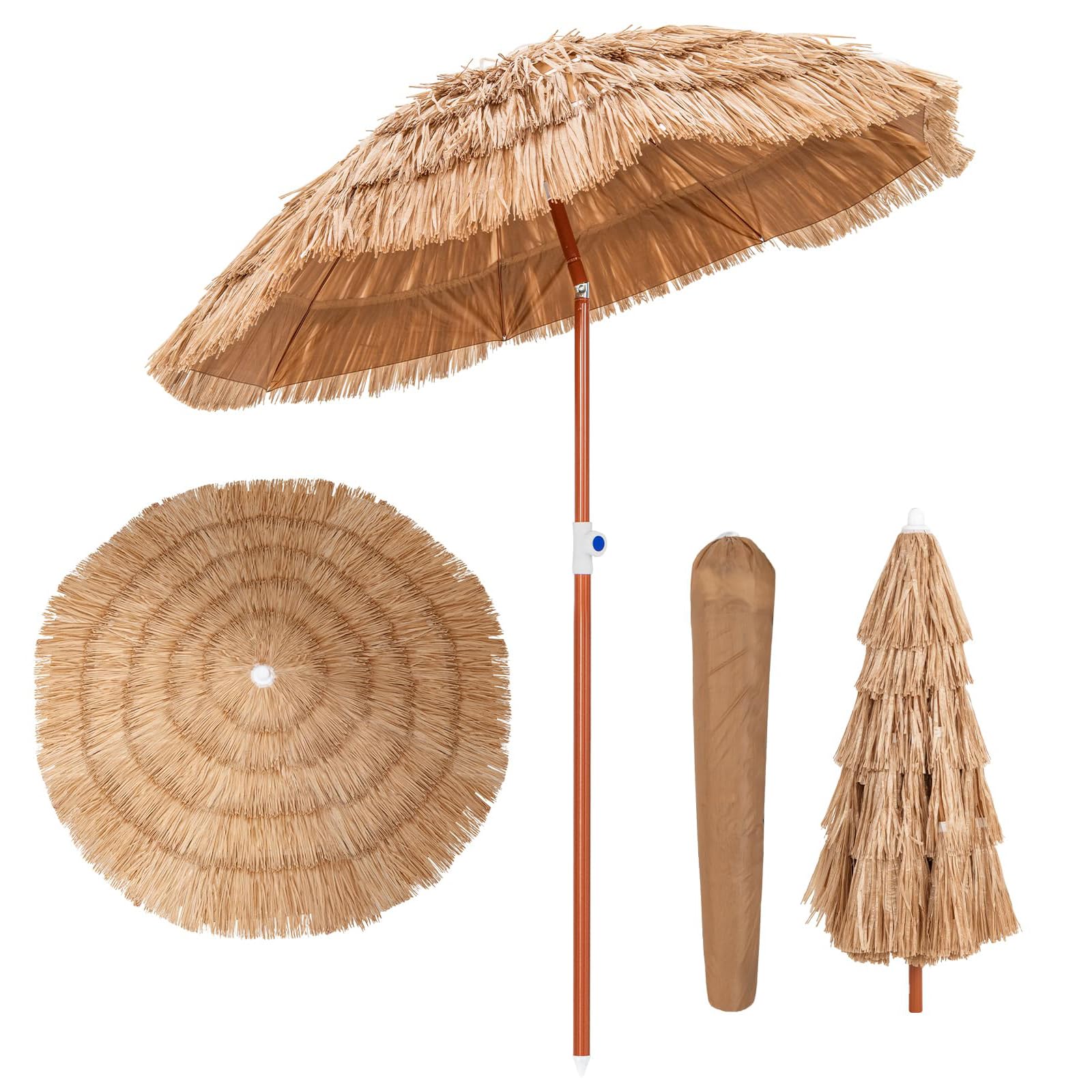GYMAX Ombrellone Paglia PP, Altezza Regolabile, Angolo Inclinabile, Parasole Ombrello da Esterno con 8 Stecche, Borsa di Trasporto, per Giardino, Piscina, Mare, Terrazzo