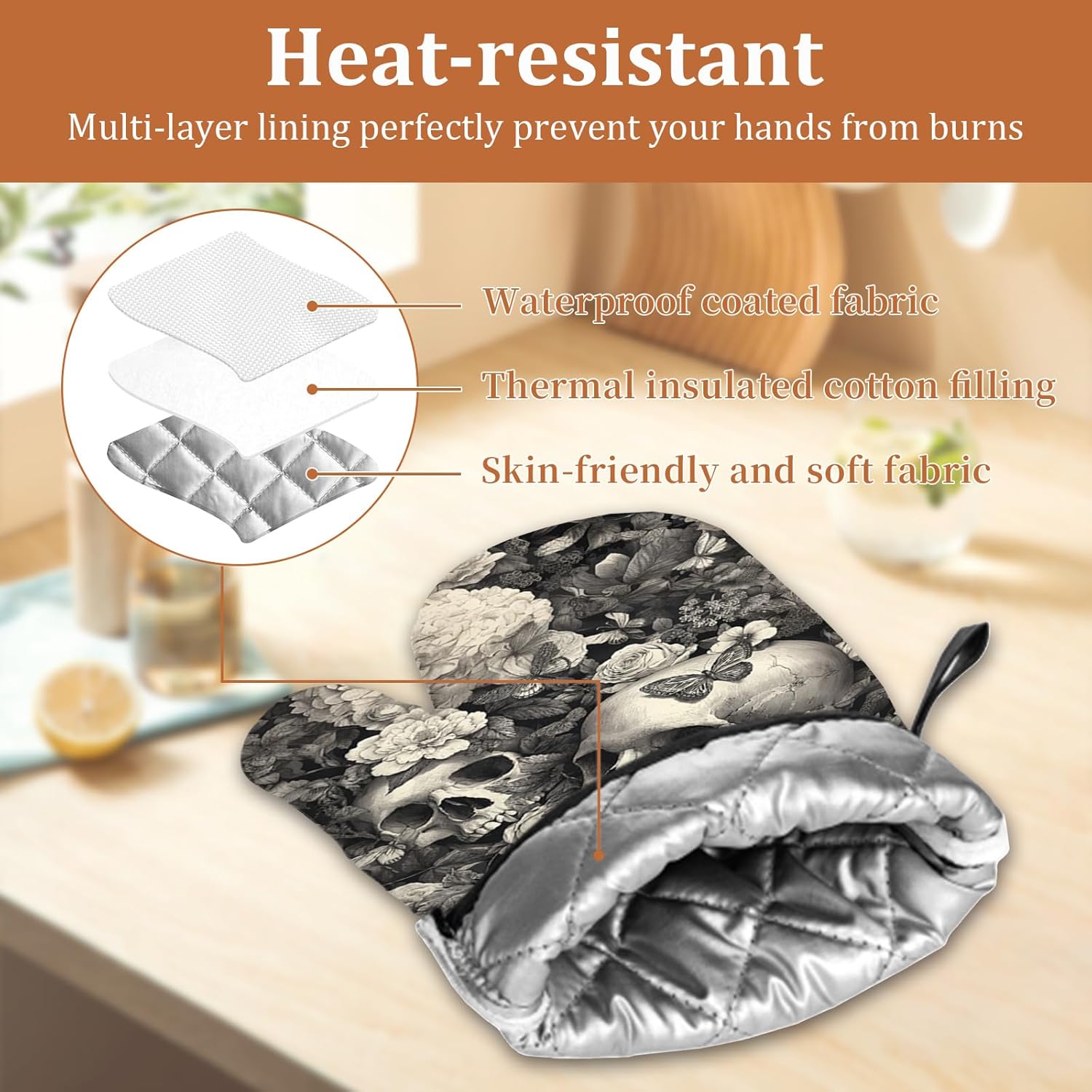 Skull Flower Oven Mitts and Pot Holders Sets 4Pcs Potholders Hot Pads Oven Gloves House Warming for Kitchen Cooking Grilling BBQ