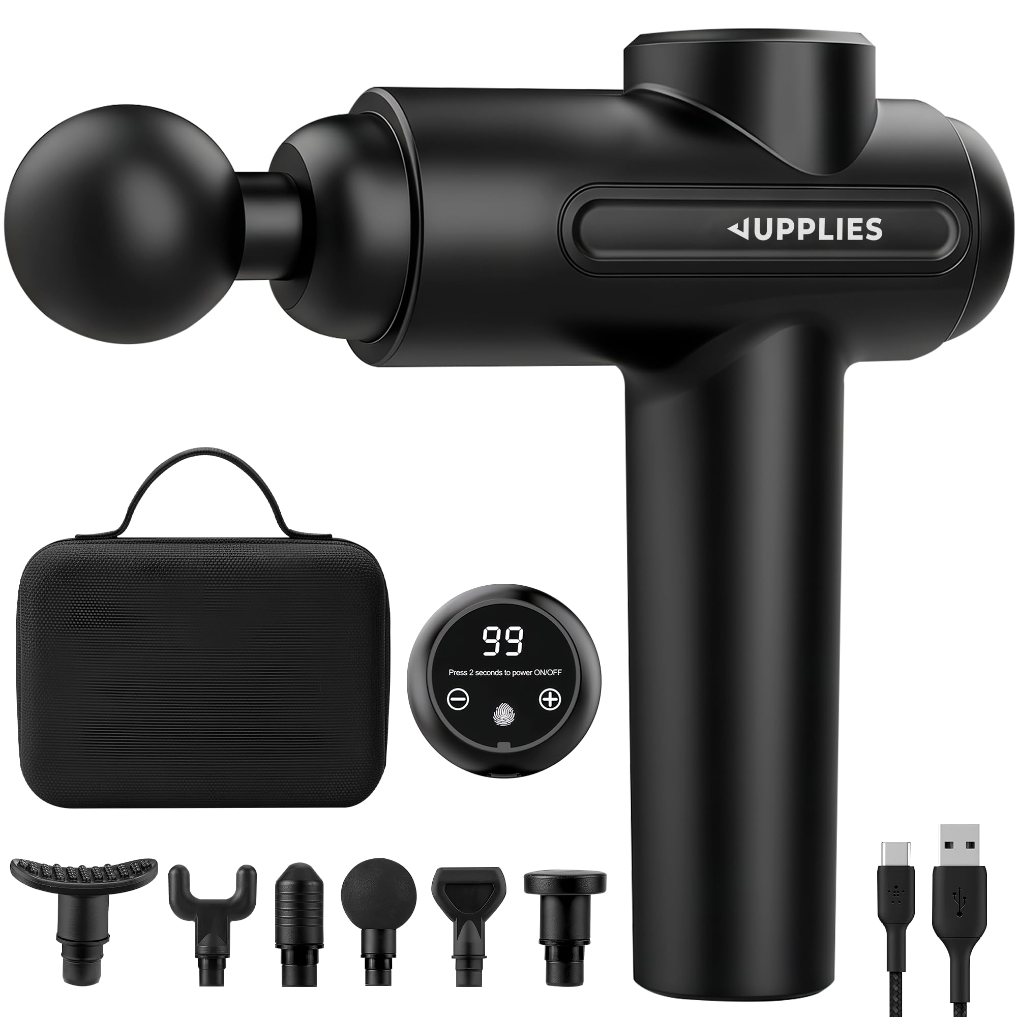 JUPPLIES Pistola de Masaje Muscular con 30 Velocidades, 6 Cabezales, Silenciosa, 5H Autonomía, Pantalla Táctil LCD, Estuche y Carga USB-C para Cervical y Espalda Profesional