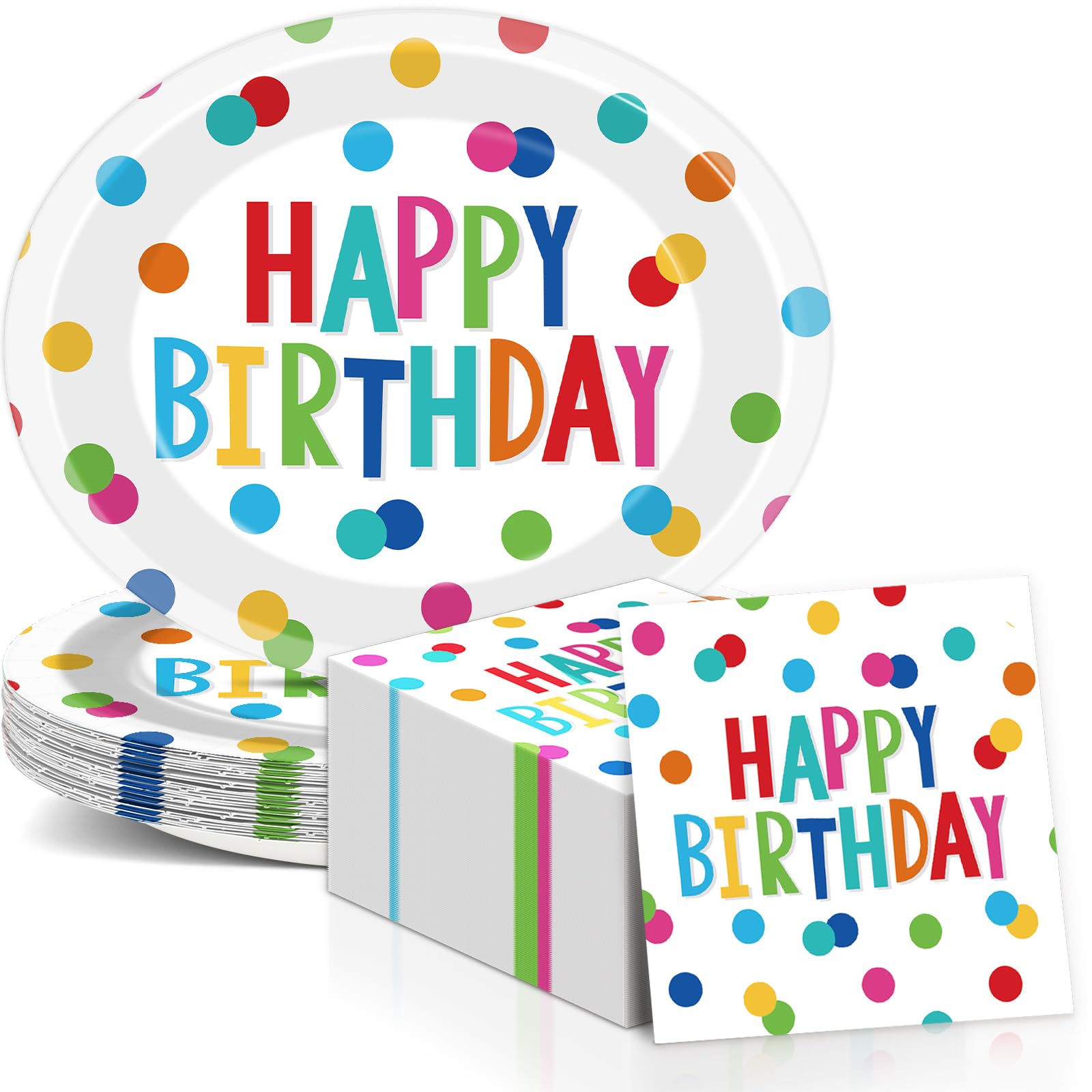 Birthday Party Oval Paper Plate 11inch Large Happy Birthdays Plates and Napkins, Colorful Dots Party Decoration Favor Dish Tray for Bday Baby Shower