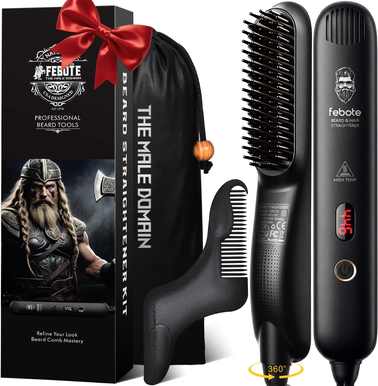 - FEBOTE Heated Ionic Hair Straightening Brush for Men - 5 Temperature Settings, Anti-Scald, Beard Shaper & Travel Bag