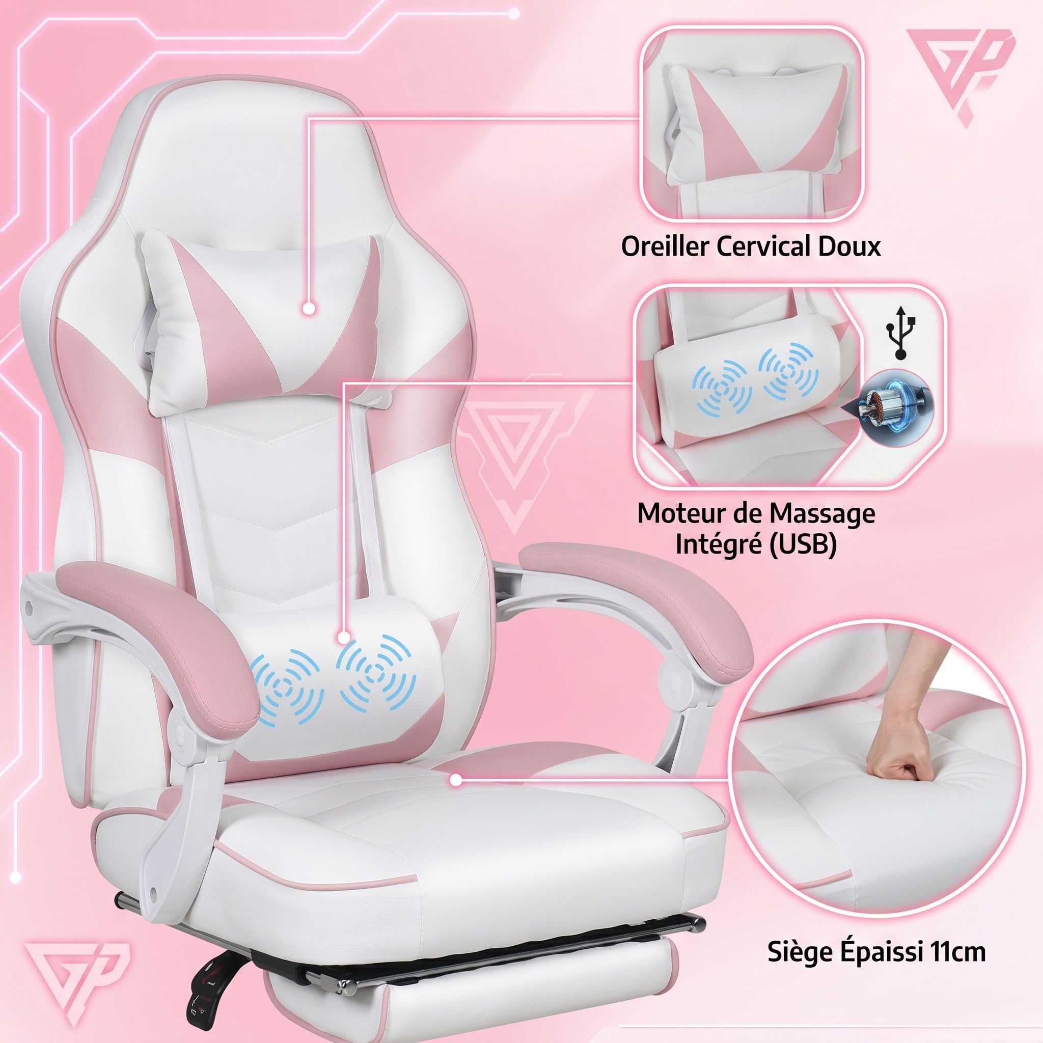 YU YUSING Chaise Gaming Massage Rose, Fauteuil de Bureau Repose-Pieds