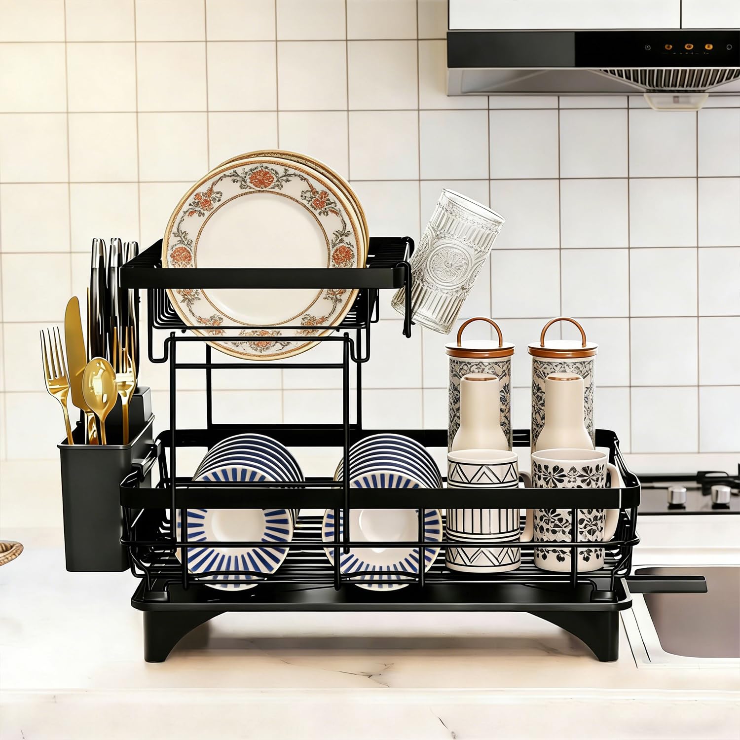 Escurridor de platos de 2 niveles con soporte para cubiertos, bandeja de goteo y salida de agua de 360°, ahorra espacio para platos y tazas de cocina (negro)