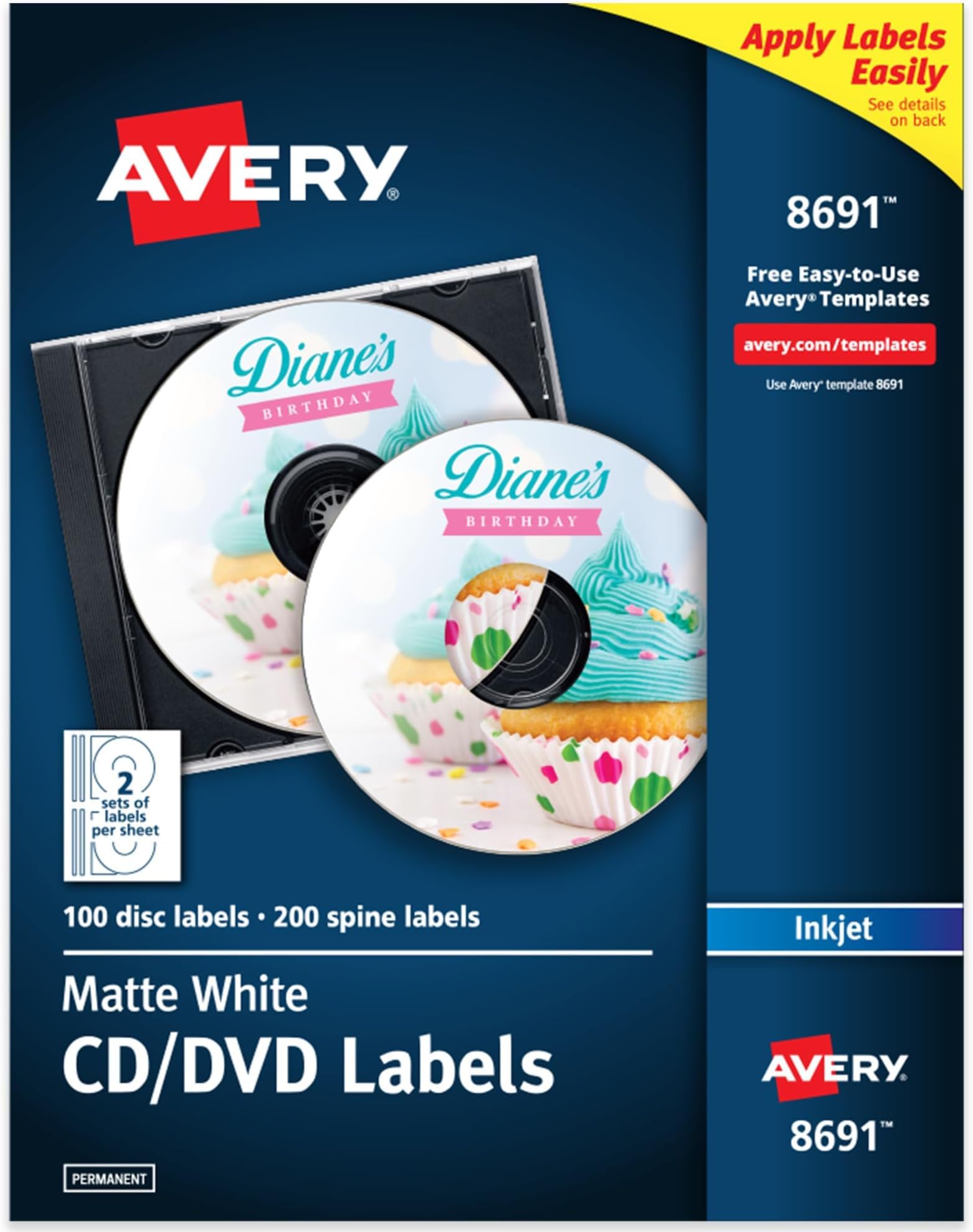 Avery Printable CD Labels, Matte White, Permanent Adhesive, Inkjet Printer Compatible, 100 Disc &amp; 200 Spine Labels, Ideal for CDs, DVDs, PC Discs, Media Projects (8691) (Pack of 5)