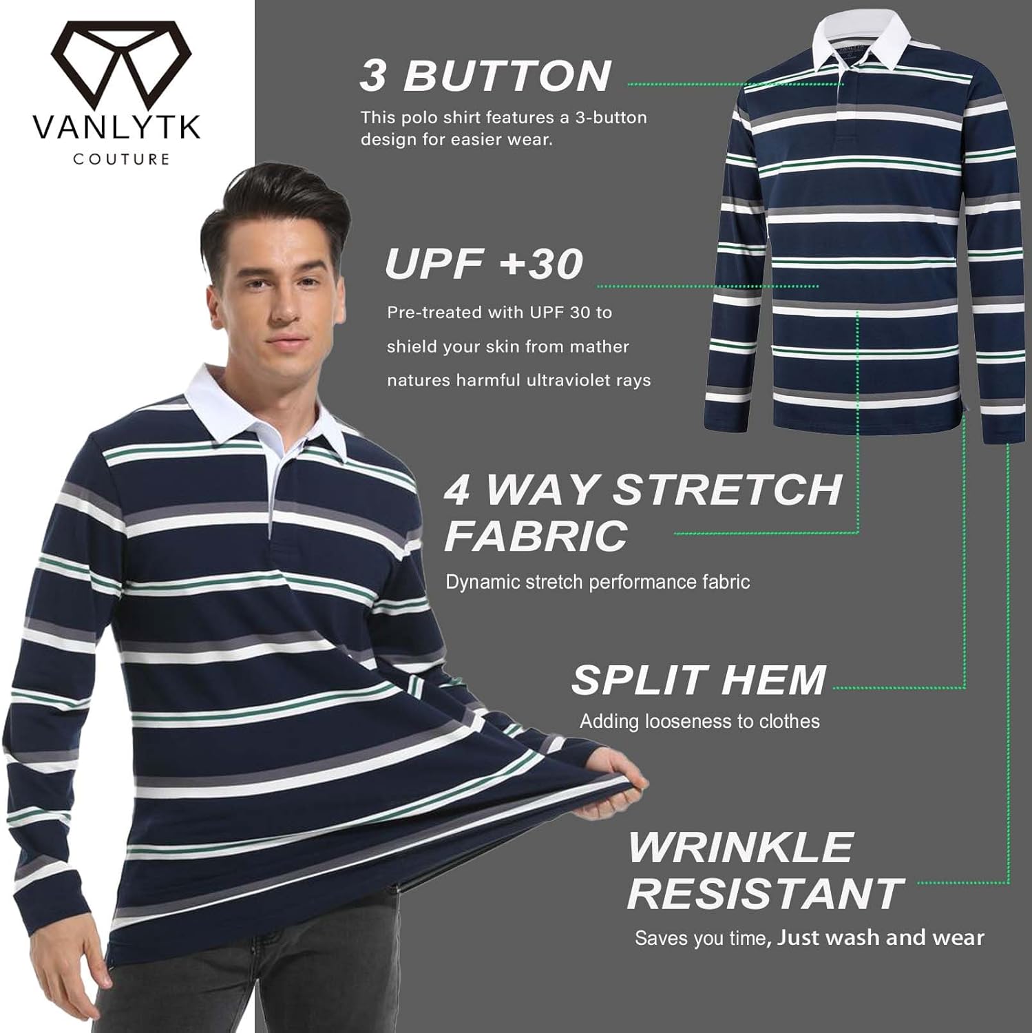 Mens Polo Shirts Striped Cotton Moisture Wicking Classic Collared Casual Golf Shirts for Men - Image 4