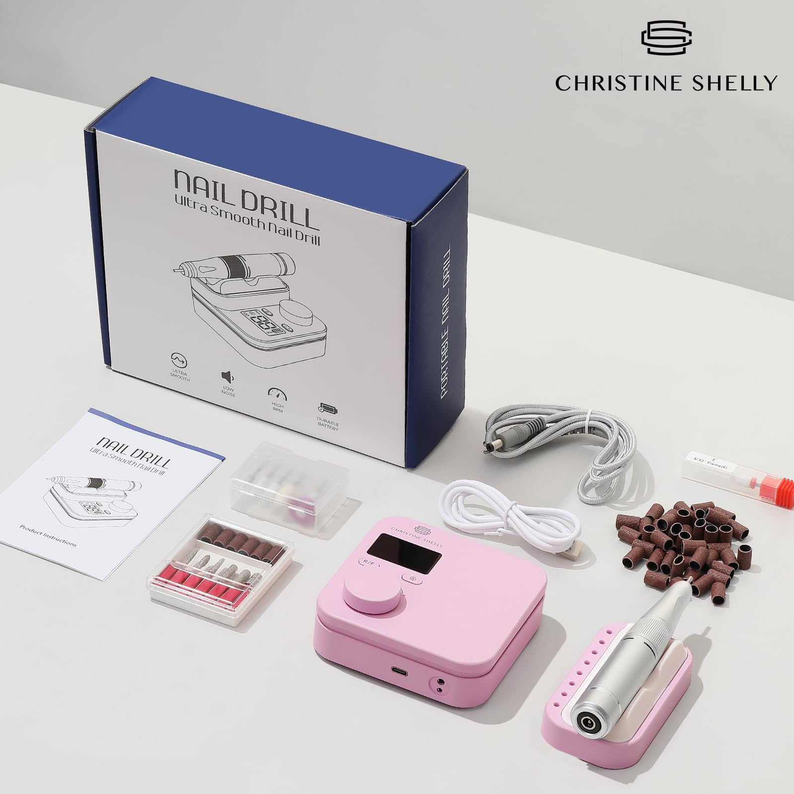 Elektrische Nagelfeile 35000RPM Super Leise Wiederaufladbare Nagelbohrer | CHRISTINE SHELLY Tragbare Nägel Politur Set Maniküre Pediküre Maschine Professionelle