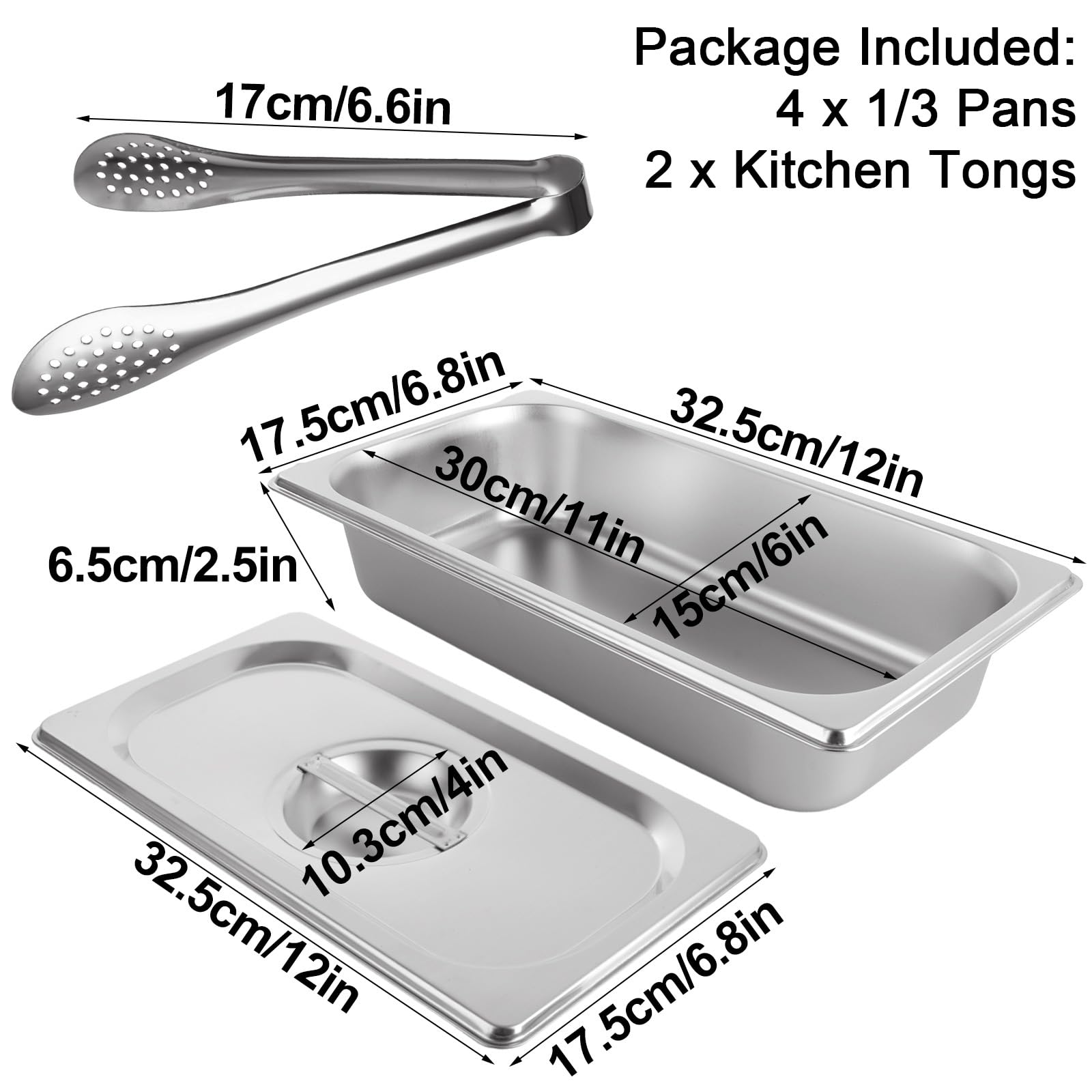 4 sartenes Gastronorm de 1/3, recipientes de acero inoxidable con tapas y 2 pinzas de cocina, ollas GN profundas para baño maría, 32,5 x 17,5 x 6,5 cm