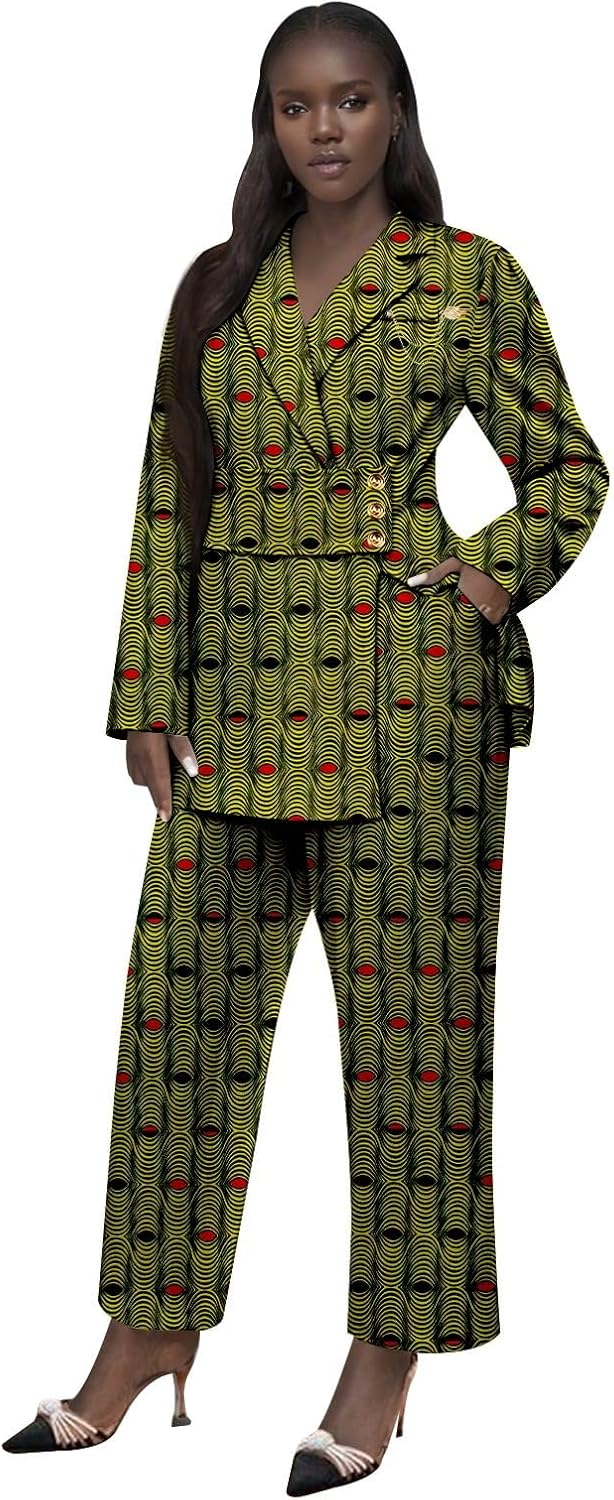 African Clothes for Women Brooch Blazer and Ankle Pants 2 Piece Set Ankara Attire Print Outfits with Belt