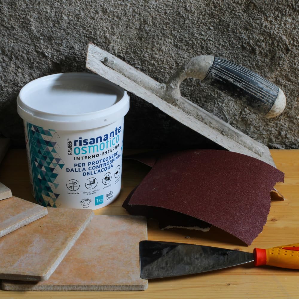 RASABEN -Risanante Osmotico, Stucco in Polvere per Risanamento di Murature Umide e Impermeabilizzare Pareti e Pavimenti, Antimuffa e Traspirante, Uso Esterno e Interno, Made in Italy, Barattolo da 5kg