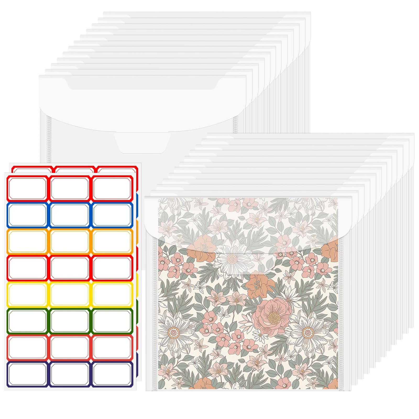 Plushly 24 Pack 17.2x16.7cm Scrapbook Paper Storage Organizer with Lid, Cookie Stencil Holder & 48 Stickers, Reusable Clear Plastic Sleeves for Craft Paper Cardstock Origami