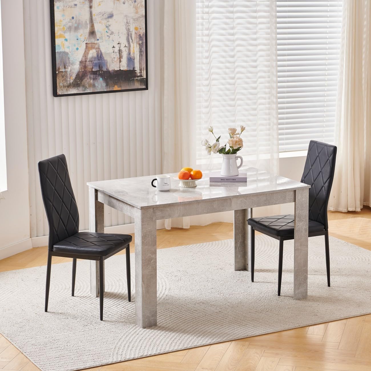Homullel 120cm Glossing Dining Table and 2 Chairs, 2 Seater Kitchen Table and Chairs Set for Space Saving, Compact Dining Room Set for 2, 120x80 cm, Wooden, Beton Grey (2 Seaters, PU Black#2)