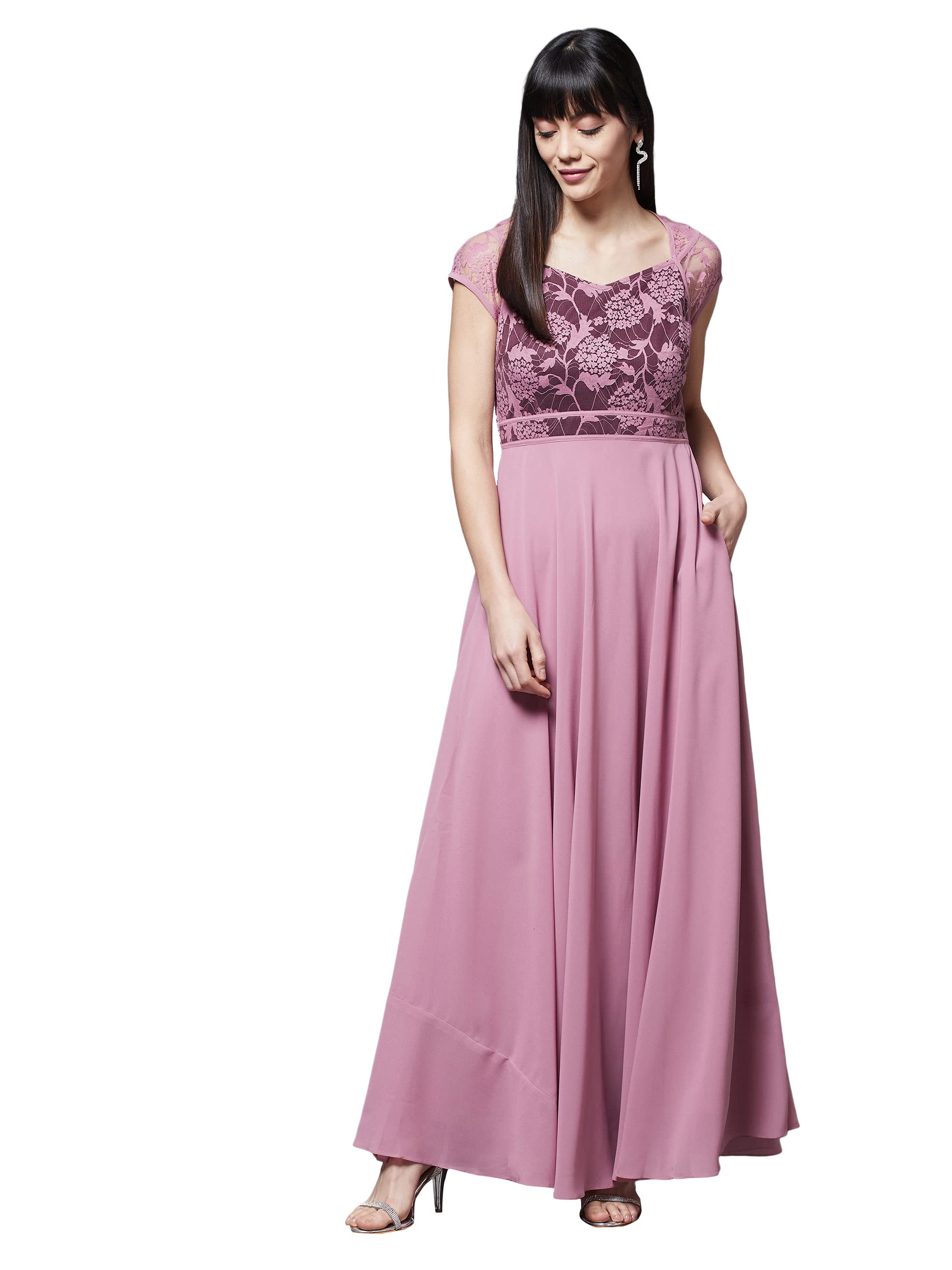 Miss Chase Women's Lavender & Wine V-Neck Cap Sleeves Floral Lace Fit & Flare Maxi Dress (Mcss21D06-11-249-06, Lavender & Wine, Xl)