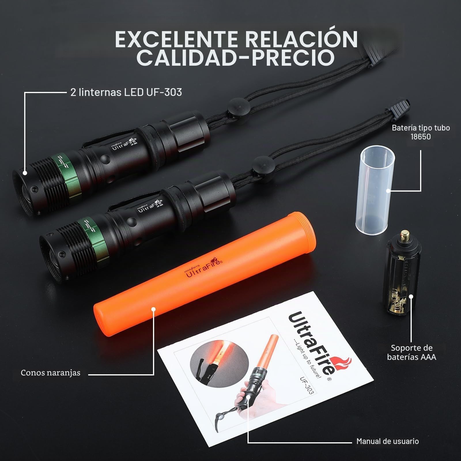 ULTRAFIRE Pack de 2 linternas LED de 11 pulgadas, 3 modos, linterna táctica, 250 lúmenes, barra de seguridad para control de tráfico, aeropuerto, conducción de coches, UF-303