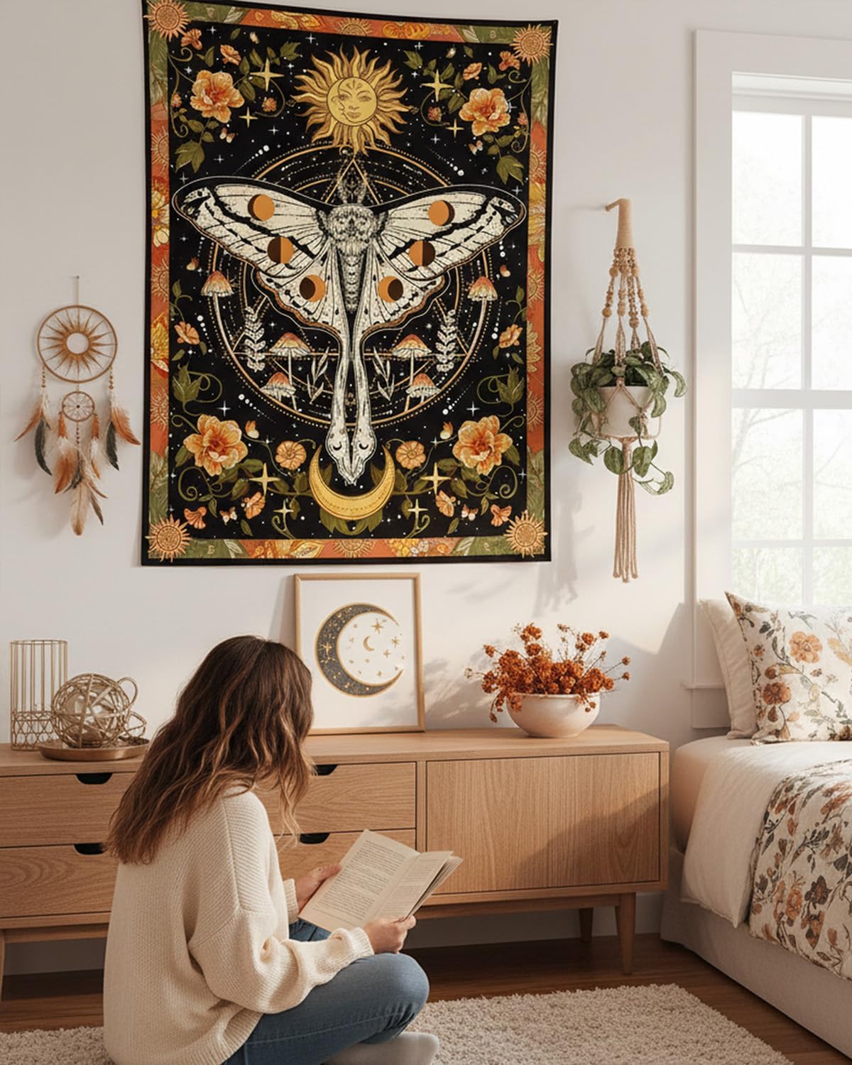 Amazon.com: Aipon Orange Moth Tapestry Boho Retro Floral Flowers