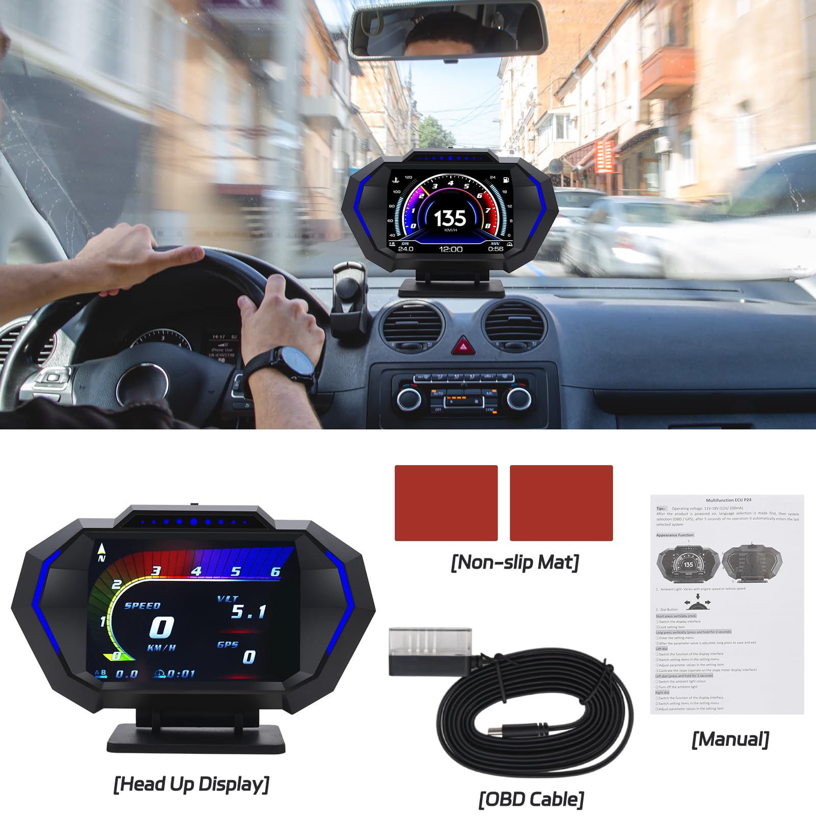KAOLALI Auto Head up Display OBD2+GPS HUD Tachimetro Digitale Universale con Supporto a Ventosa, Tachimetro Intelligente con Avviso di Velocità, Promemoria Fatica, KMH/MPH per Tutte le Auto