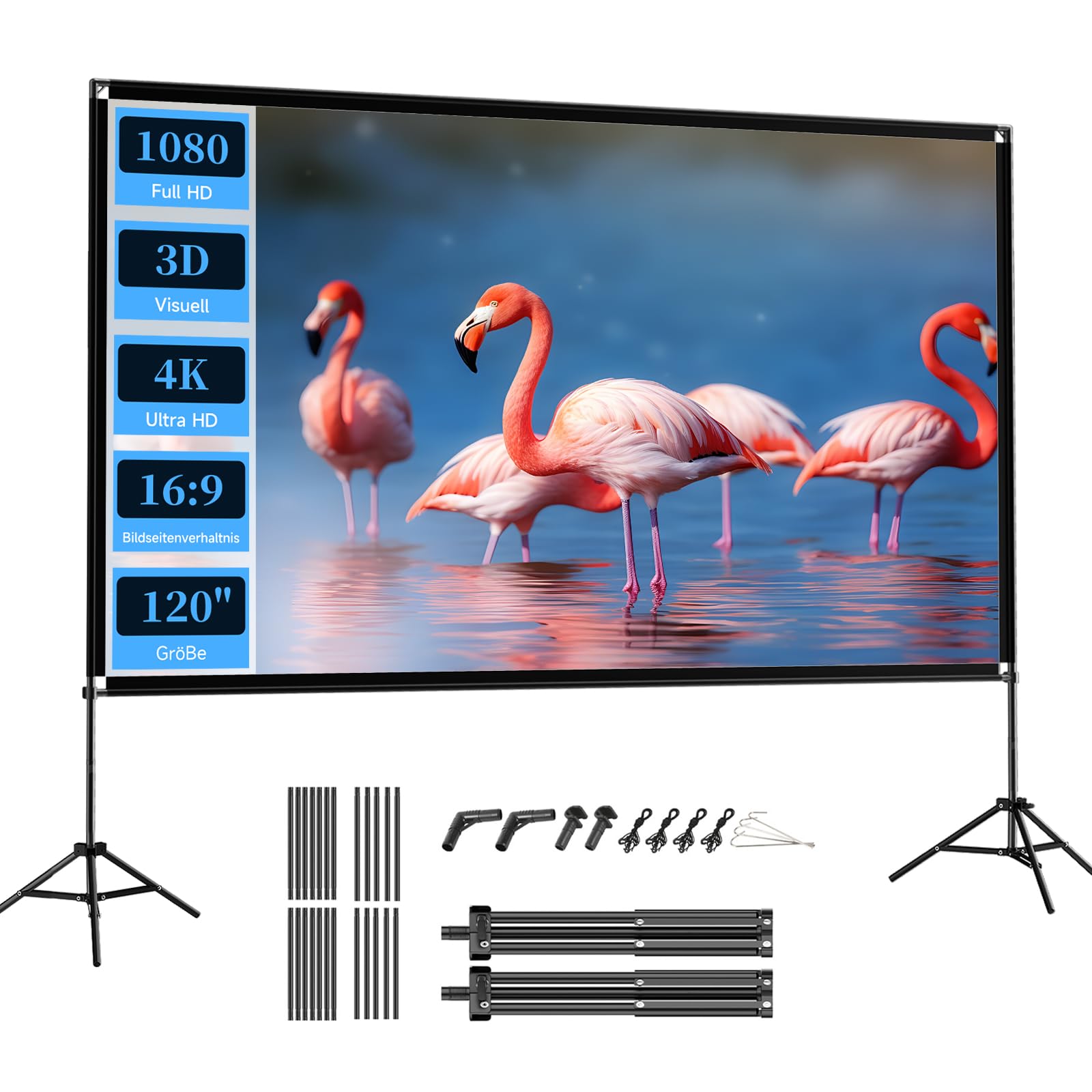 VISULAPEX 120” Beamer Leinwand mit Stativ, 16:9 4K HD Projektor Leinwand Tragbar, Faltbare leinwand Beamer mit Tragetasch für Heimkino Gartenkino Theater Nächte
