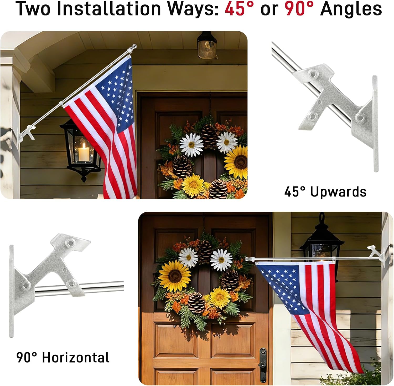 American Flag with Pole Kit for Outside House - 6 FT Silver Stainless Steel Flagpole, 3x5 Embroidered US Flag & Wall Mounting Holder Bracket, No Tangle Spinning Flag Pole Kit for Outdoor Porch