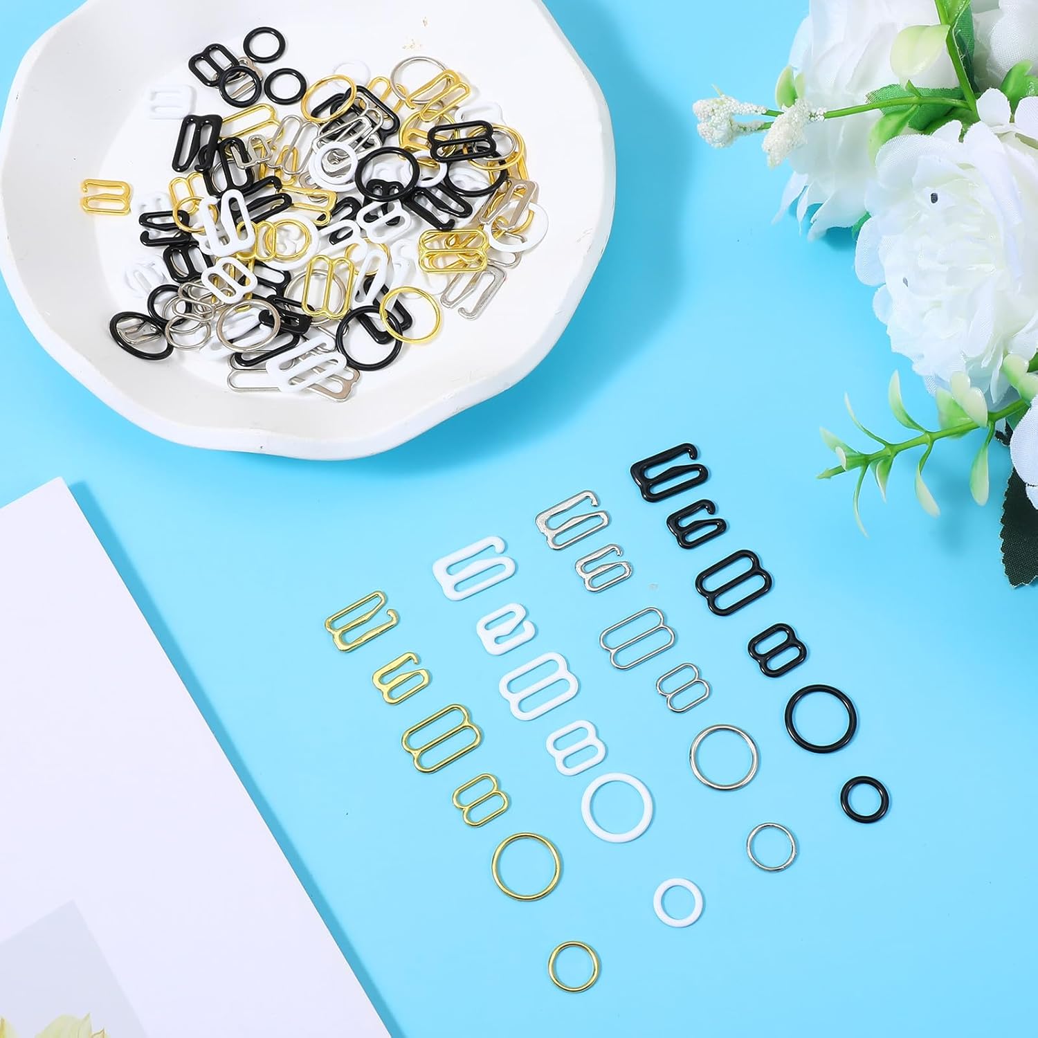 JJUNW 120PCS Bra Strap Hooks, Metal Bra Hooks Replacement for Sewing Bikini Halter Swimsuit Bathing Suit Clips Clasp and Bra Strap Rings (3 Styles, Black, White, Gold, Silver)