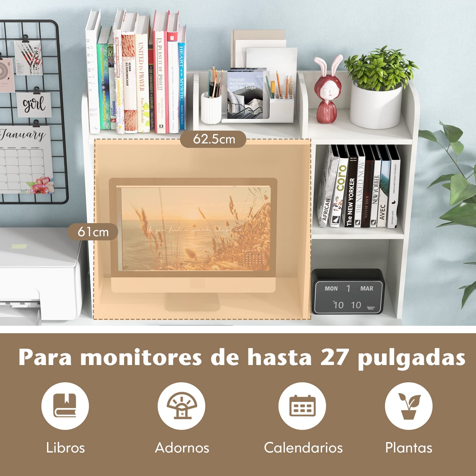 COSTWAY Estantería de Escritorio, 4 estantes y Compartimento Abierto Trasero, Organizador de Almacenamiento de Escritorio, Anti-vuelco, 94 x 25 x 74 cm (Blanco)