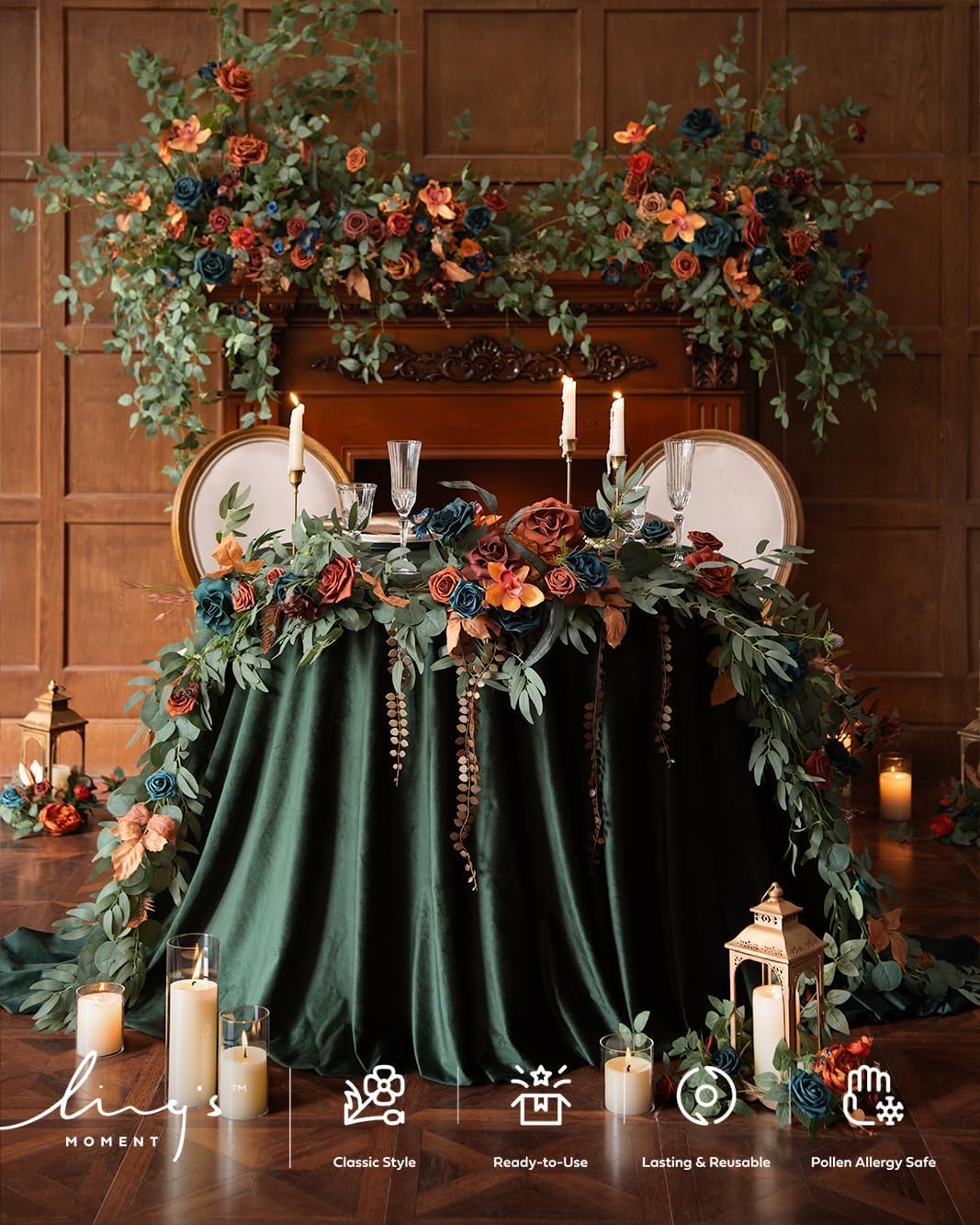 Ling's moment 9FT Flower Garland for Backdrop Decoration - Fall Wedding Arch Flowers, Eucalyptus & Rose, Artificial Floral Garland for Mantle - Sweetheart Table Decor for Ceremony, Teal & Orange