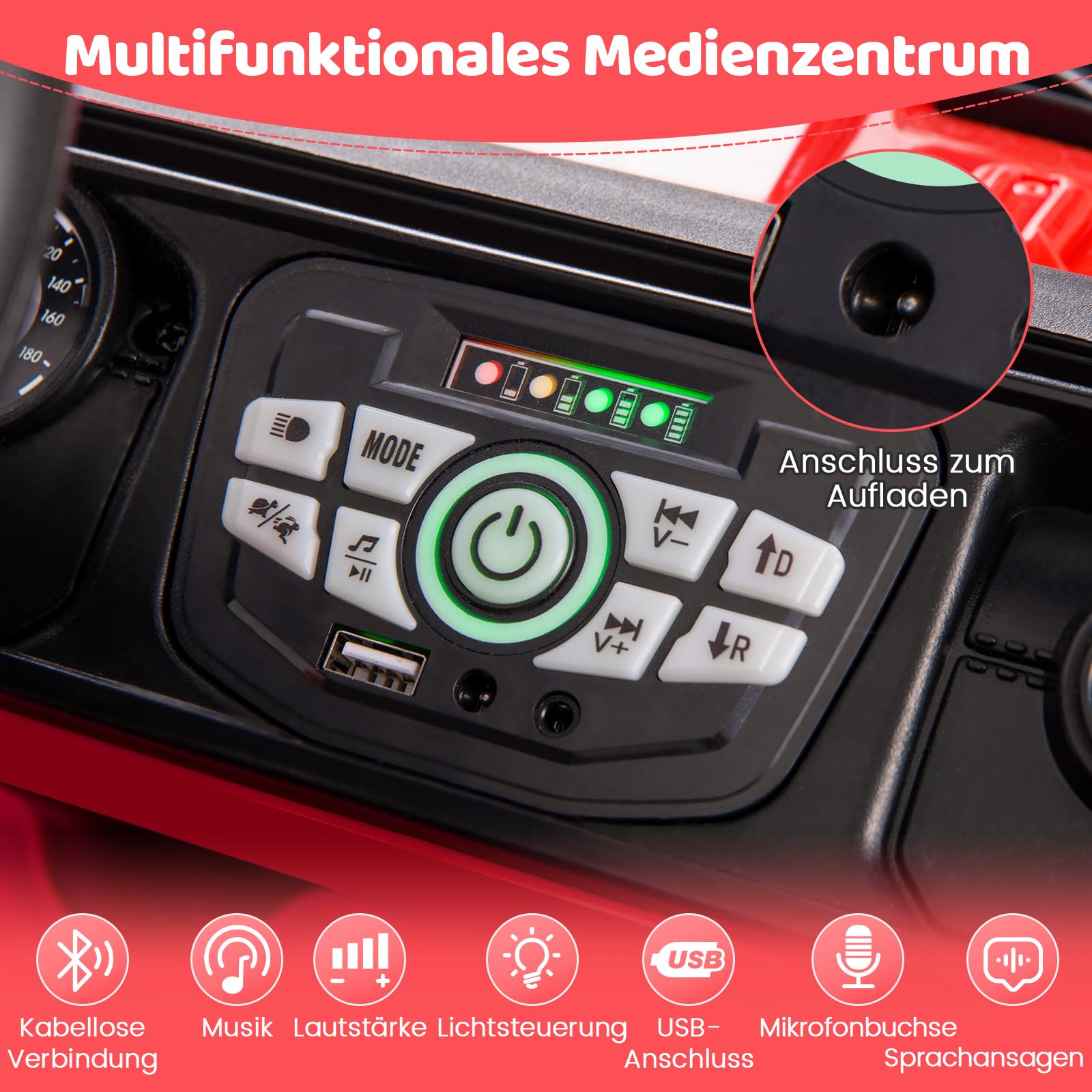 COSTWAY Elektroauto, 12V Kinderfahrzeug Elektrisch mit 2,4G Fernbedienung & USB & Licht & Musik, 1-5 km/h, für Kinder ab 3 Jahre (Rot)