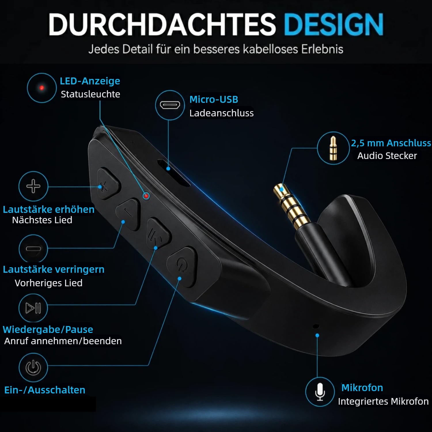 Adattatore Bluetooth wireless per cuffie Bose QuietComfort QC 25 con controllo del volume e microfono Nero + microfono.