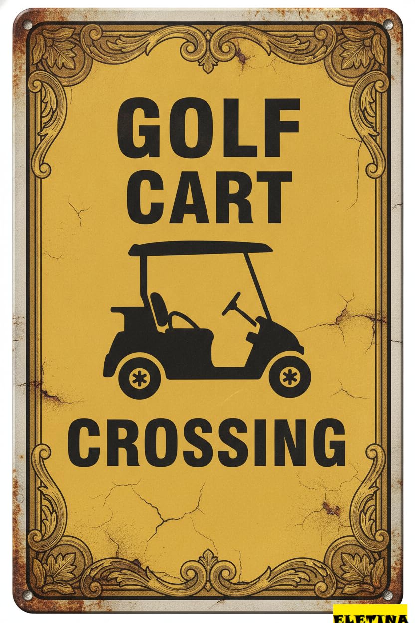 Tin Sign for Man Cave Metal & Tin Street Wall Art Plaque Warning Golf Cart Crossing Xing 8x12in Private Property Decorative