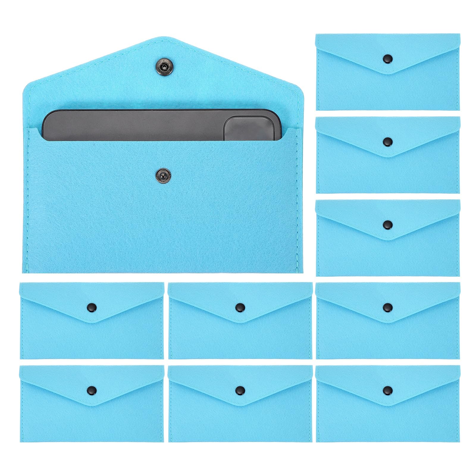 PATIKIL 10Pcs Felt Money Bag, Felt Cellphone Sleeve Case Pouch Cash Bag Button Closure Cash Envelope Wallet Storage Pouch for Card Pen Sunglasses, Light Blue