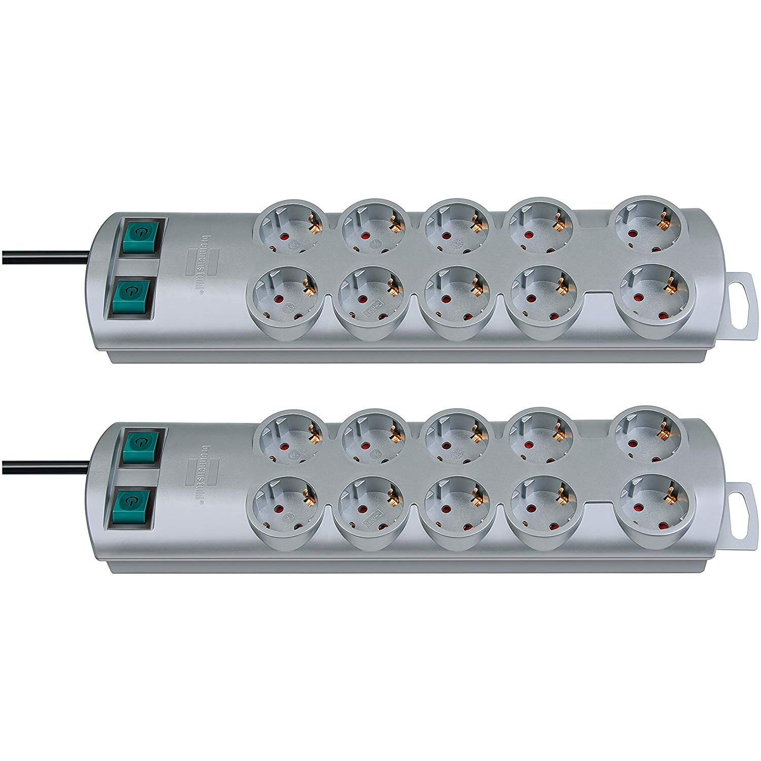 Brennenstuhl Primera-Line - Regleta de 10 enchufes (2 interruptores para 5 enchufes y 2 m de cable), color plateado