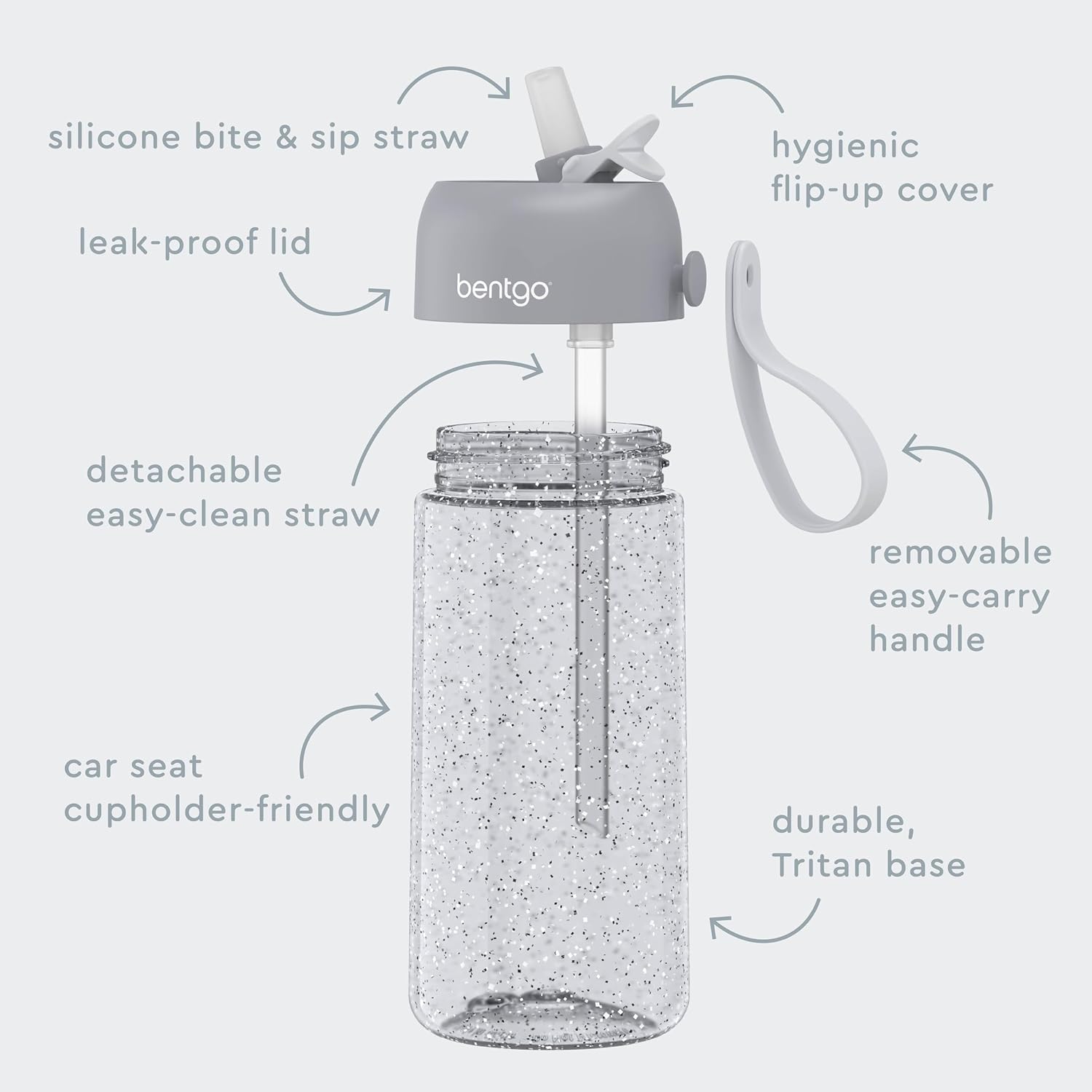 Bentgo Kids Water Bottle - Leak-Proof, Durable Tritan, BPA-Free 15 oz. Cup for Kids/Toddlers Ages 3+, Bite & Sip Spout, Carrying Handle, & Dishwasher Safe for School (Glitter Edition - Silver) thumbnail