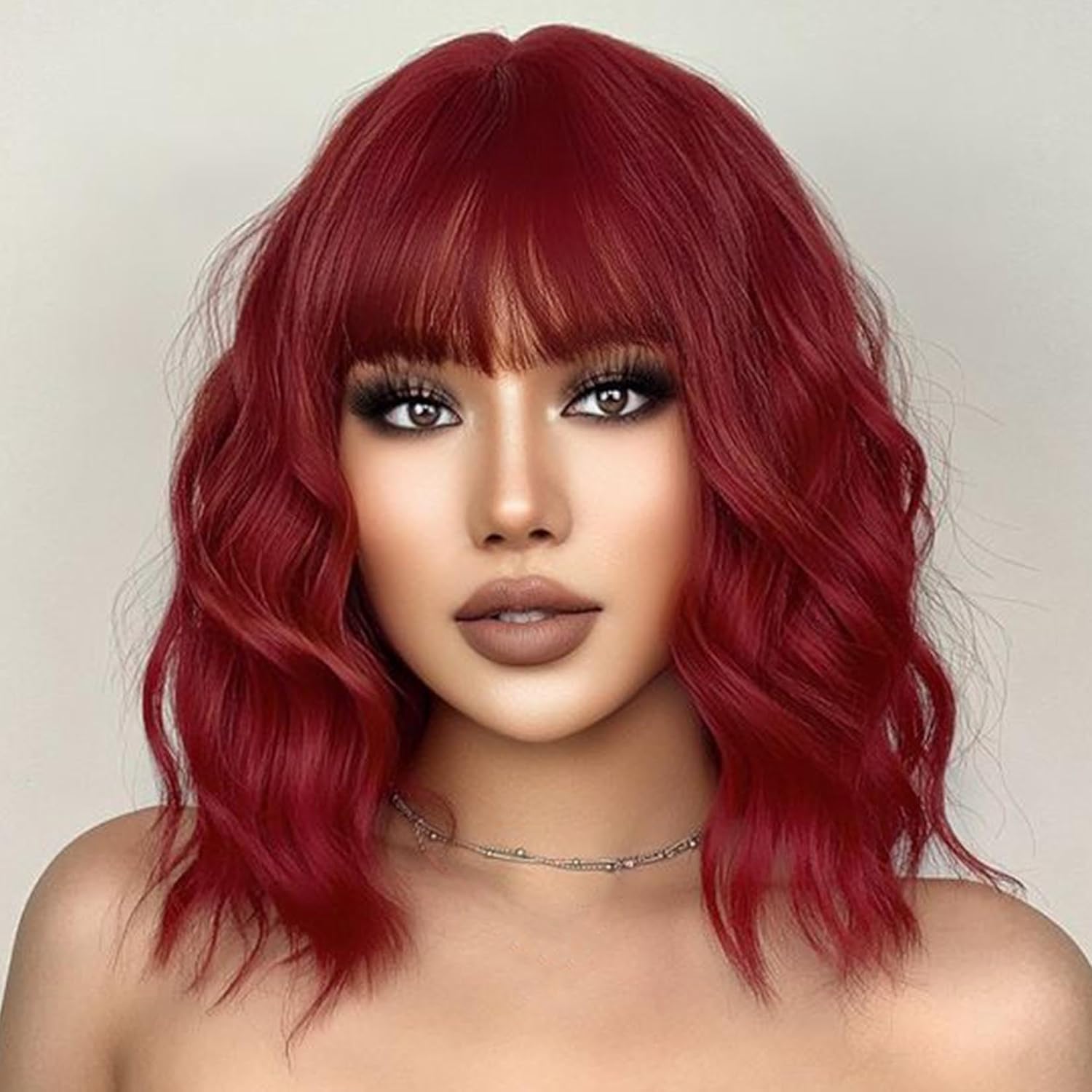 Red Wavy Wig with Bangs Soft Short Bob Wigs for Women Synthetic Shoulder Length Women's Curly Wigs for Halloween Costumes Cosplay Daily (Red)