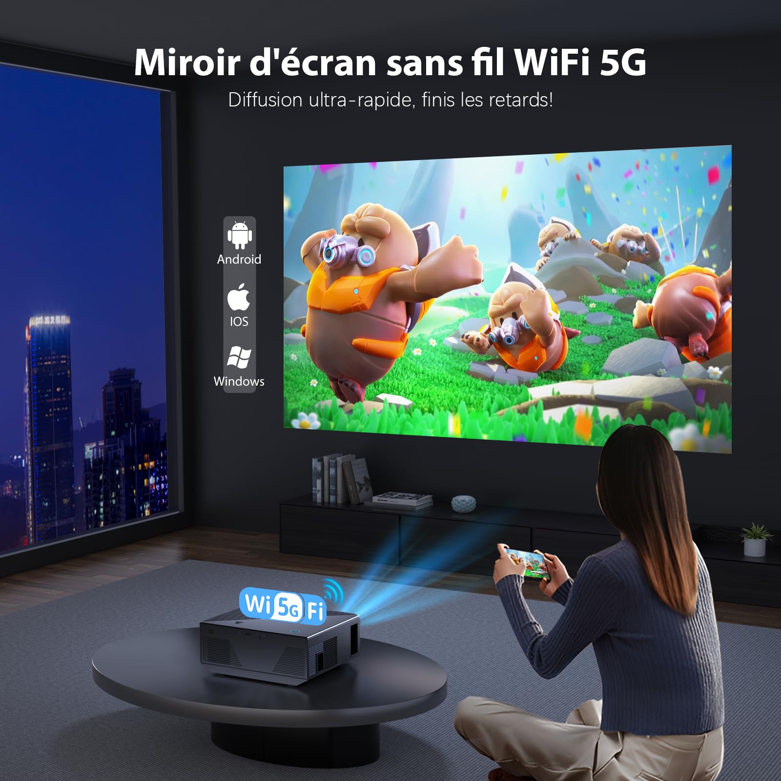 Projecteur Wielio HD, résolution 1080P compatible 4K, projecteur Bluetooth WiFi, écran HD 18 000 lumens, compatible avec une taille de projection de 30 à 200 pouces, compatible avec plusieurs appareil