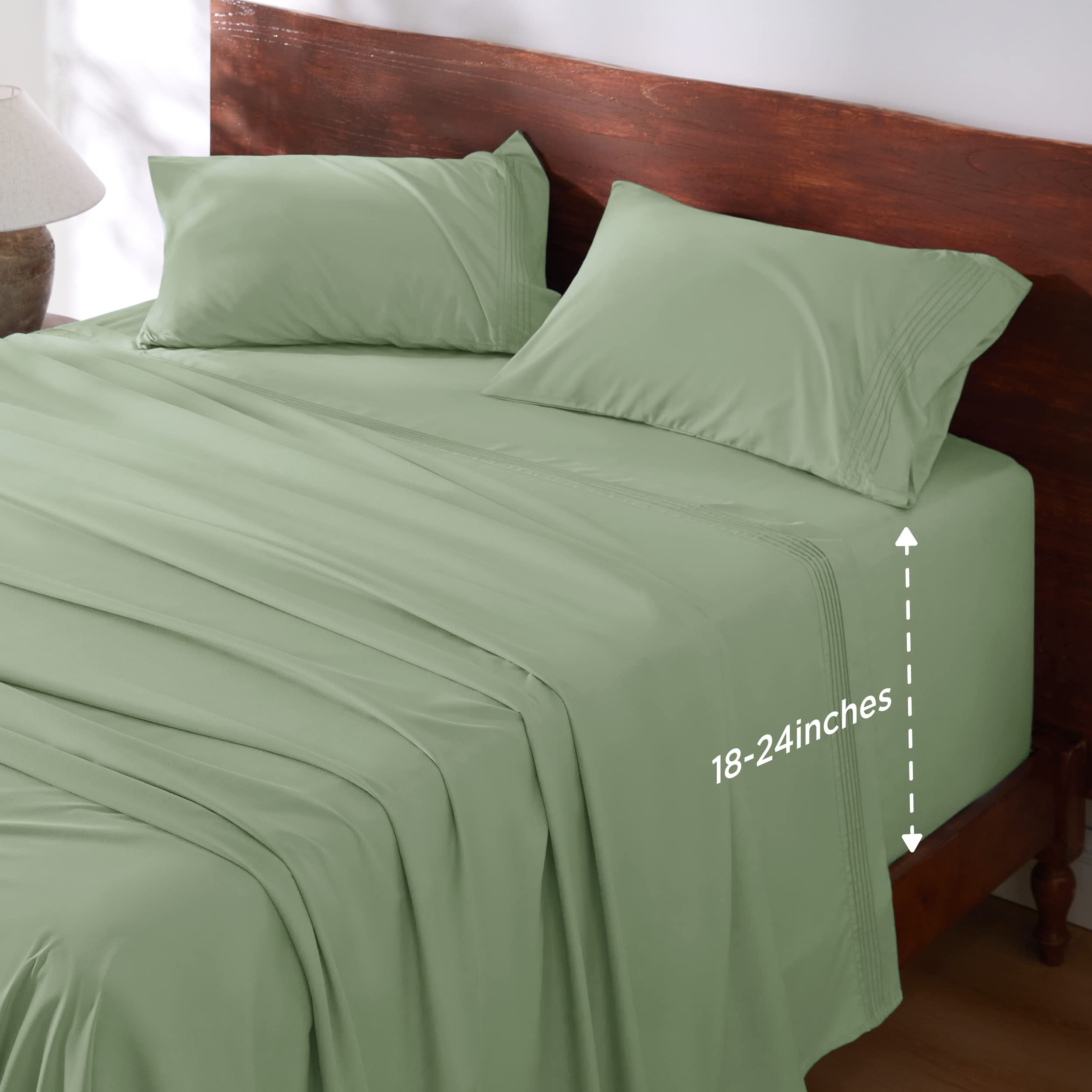Bedsure Deep Pocket Queen Sheets Set - Fits Mattresses Up to 24" Thick, 4 Piece Air Mattress Sheets with Deep Pocket, Moisture Wicking Soft Cooling Bedding Sheets & Pillowcases, Light Green