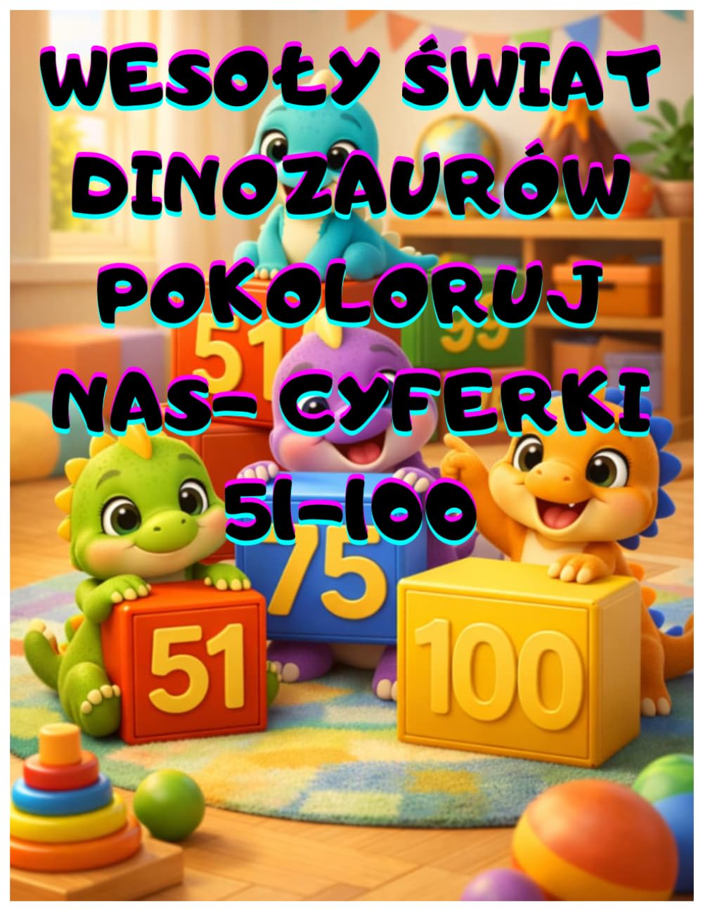 Wesoły Świat Dinozaurów – Pokoloruj Nas: Cyferki 51–100, Kolorowanka Edukacyjna do Nauki Liczenia po Kolei, Duże Cyfry i Wesołe Dinozaury dla ... na prezent na święta. dla przedszkolaka