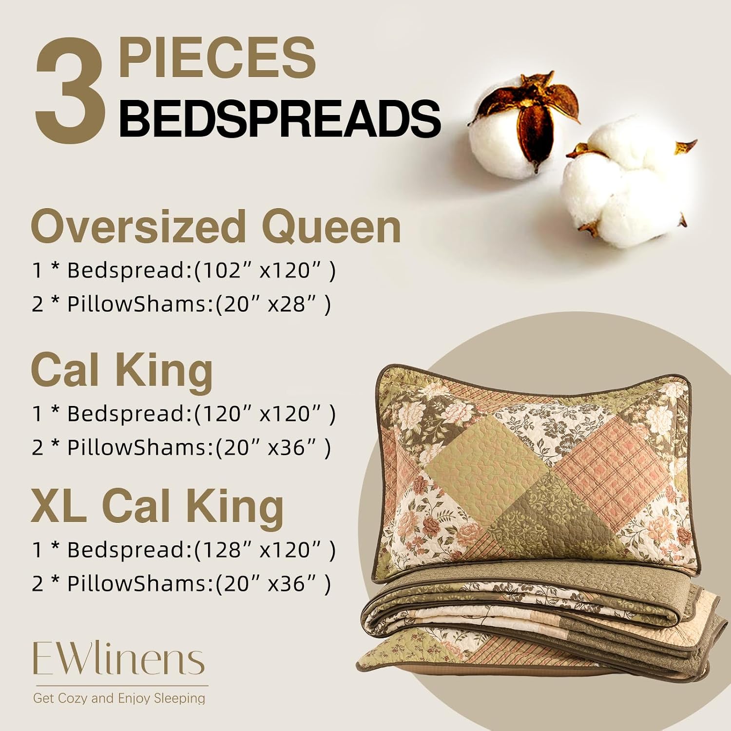 EWlinens 100% Cotton Oversized California King Bedspread - 120"x128" Extra Wide Quilt Bedding Set, Lightweight Floral Patchwork Plaid Reversible Cal King Bedspreads, 3pcs, Beige/Green/Warm Brown/Cream