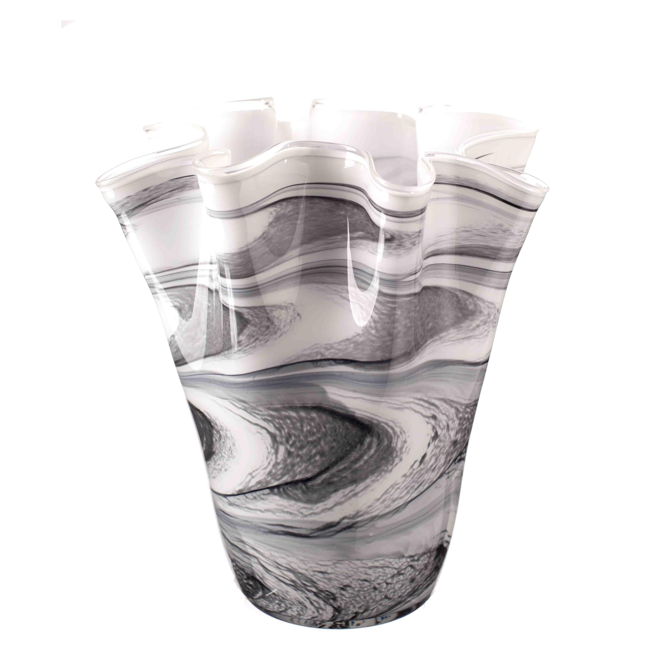 Amelia Art Glass Grey, Black And White Handkerchief Vase, Black, Grey & White, Mouth Blown Glass, 25Cm Height, Contemporary Style, Fluted Top
