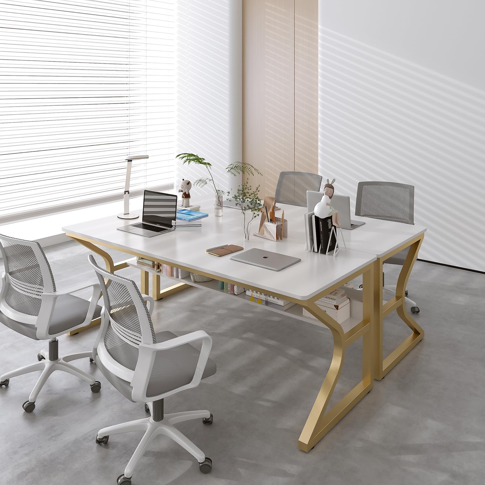Condition photo showing New/Like New for oschf extra long desk with bookshelf - 63" double long writing table for 2-person workstation, modern study work computer desk for home and office, gold
