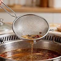 Vista 2 de Cuchara coladora de acero inoxidable con cuchara coladora de mango largo para separación de aceite Malla de alta densidad para servir alimentos