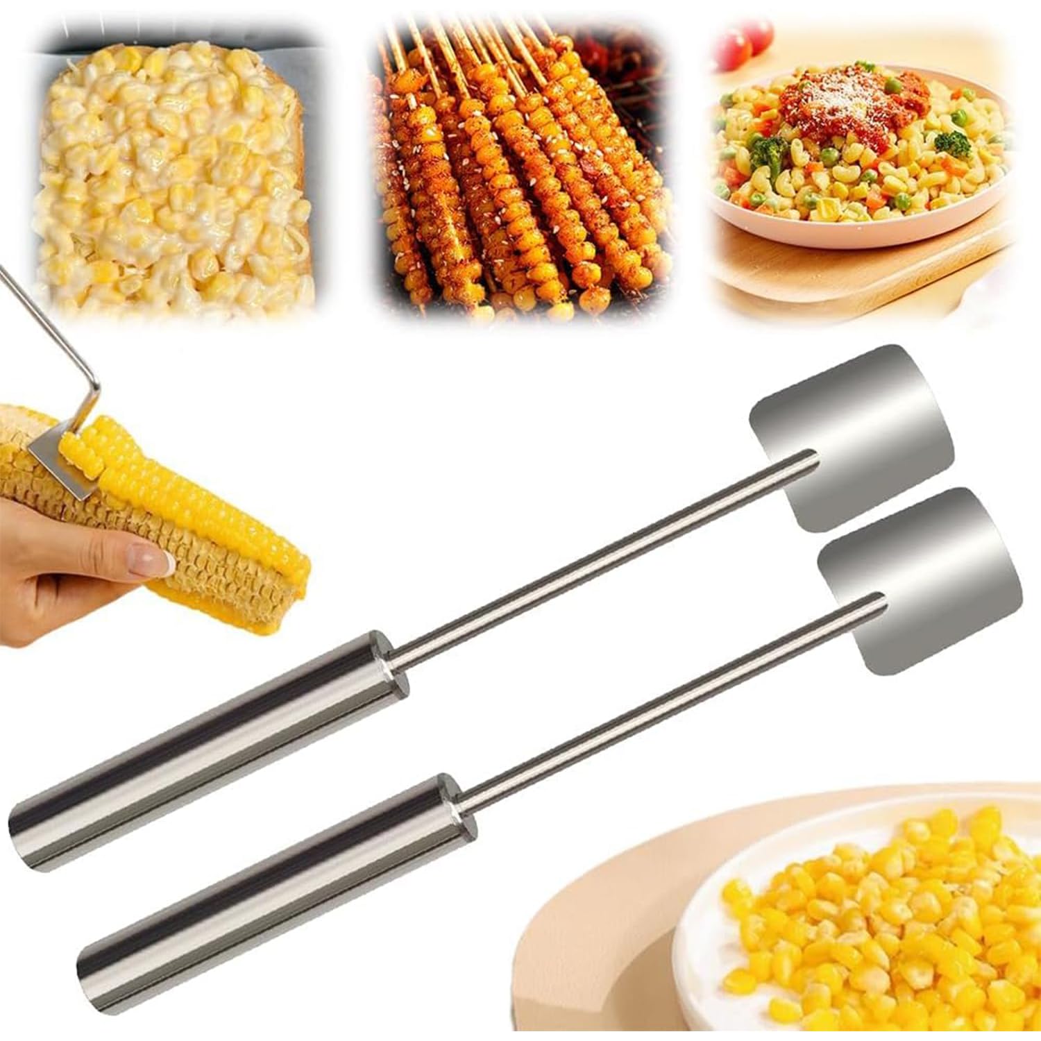 KOWVOWZ 2 PCS Stainless Steel Corn Peeler with Long Handle, Stainless Steel Corn Stripping Tool, Efficient Corn on the Cob Remover for Home Kitchens Restaurant Chefs Fruit Vegetable Peeler